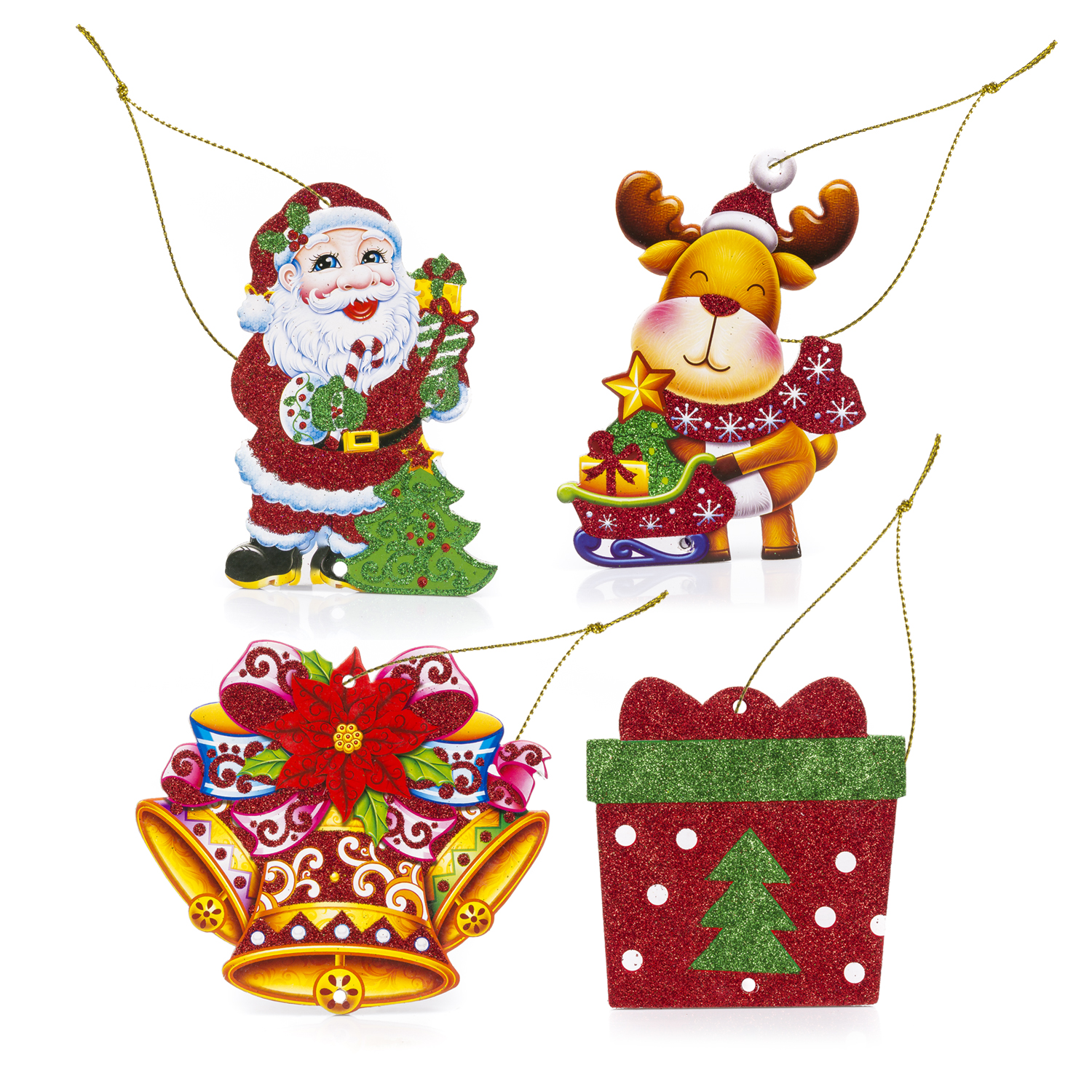 Addobbi natalizi: Babbo Natale, renna, campane e un pacco regalo. Scintillanti e colorati, sfondo bianco.