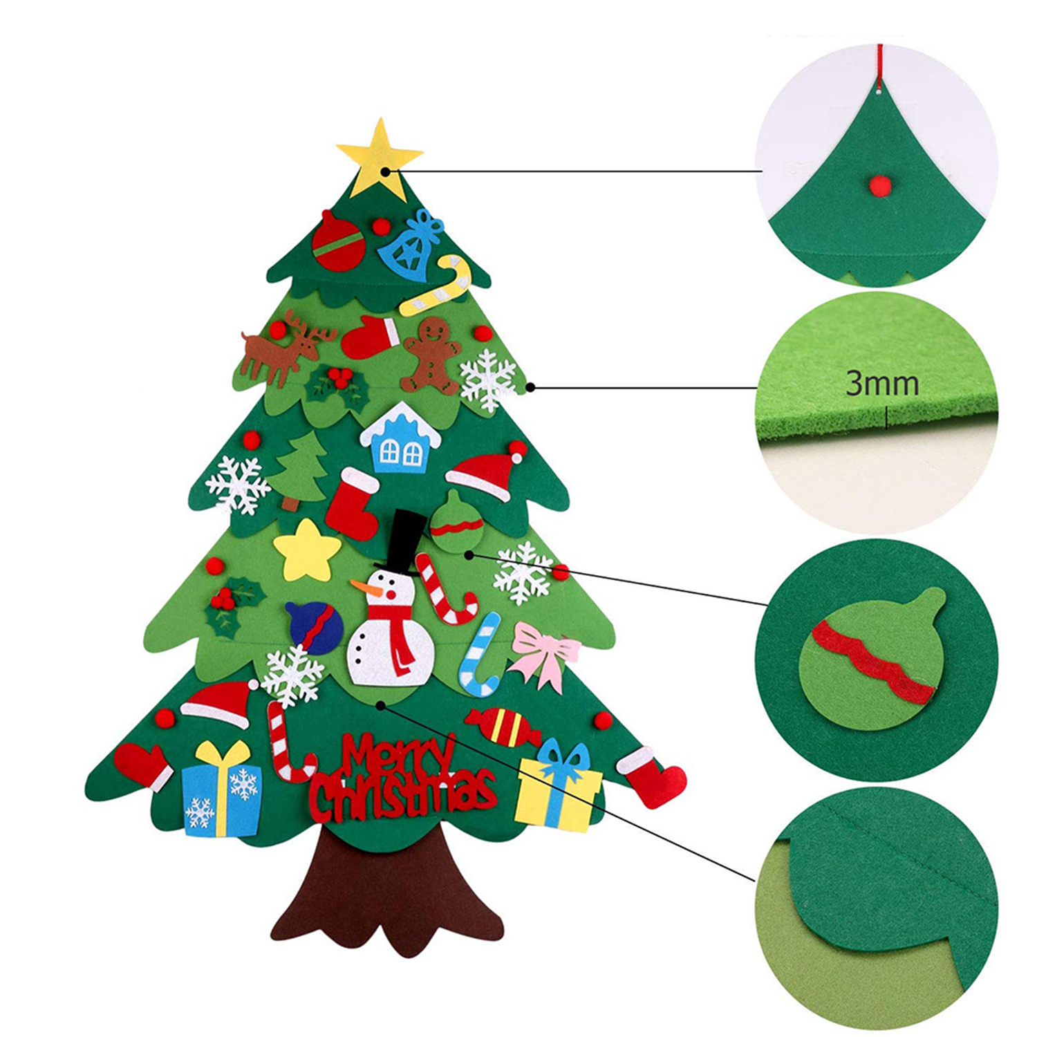 Árbol de Navidad de fieltro verde con adornos, incluyendo muñeco de nieve, bastón de caramelo, estrella y 'Feliz Navidad'.