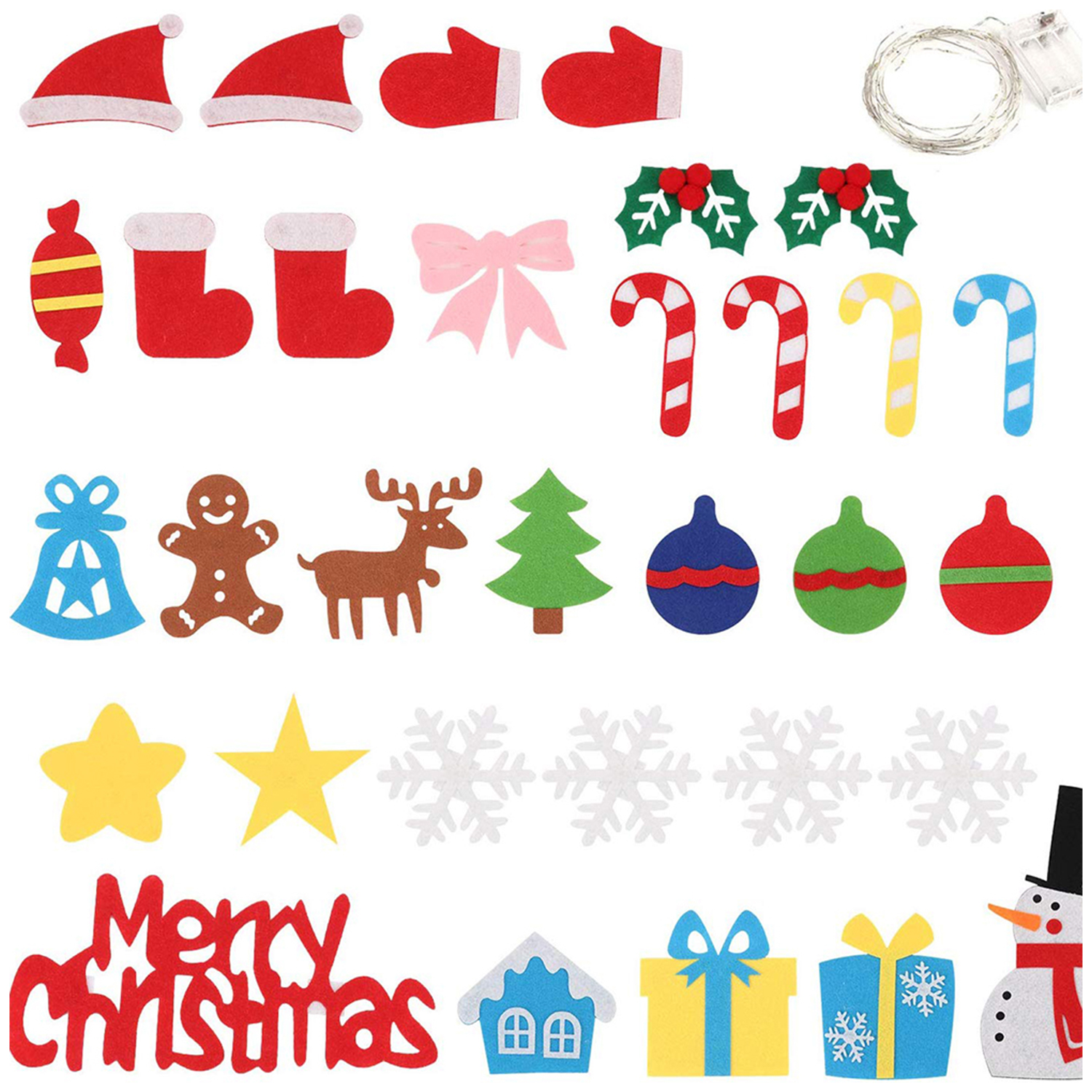 Decoraciones navideñas variadas de fieltro: sombreros, mitones, lazo, acebo, bastones de caramelo, estrellas, copos de nieve y regalos.