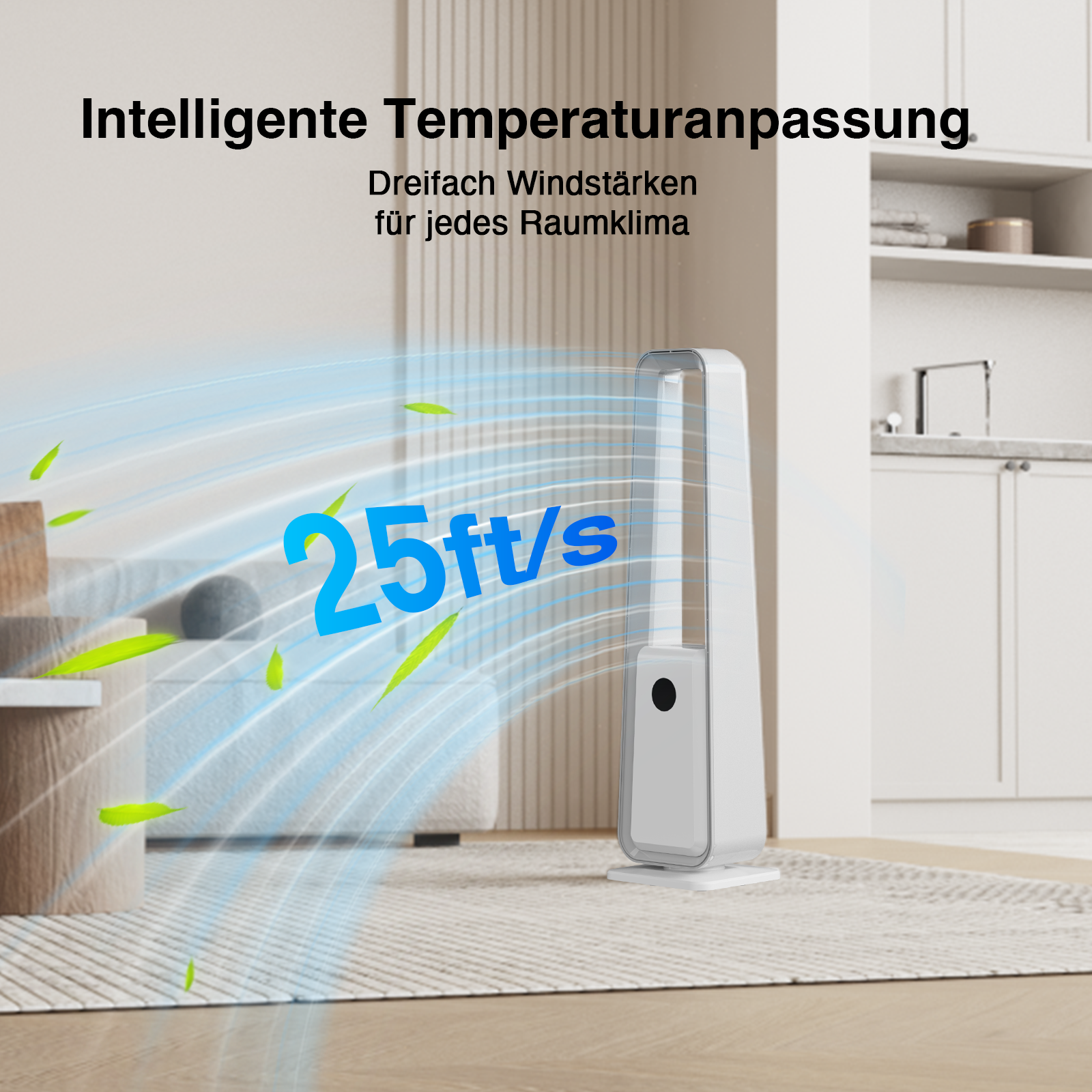 Weißer Ventilator mit Luftstrom-Illustration. Der Ventilator zeigt 25 ft/s und steht in einem Raum.