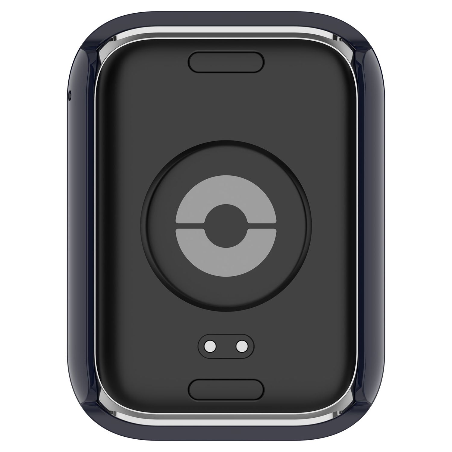 Schwarze Geräteabdeckung mit kreisförmigem Design auf weißem Hintergrund.