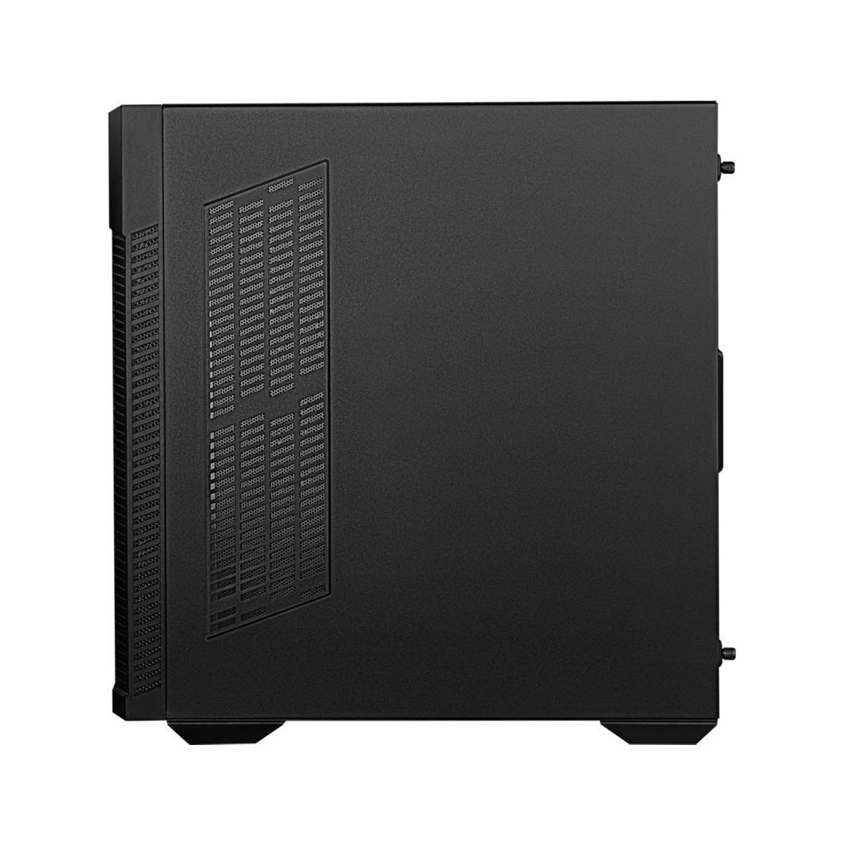 Czarna obudowa komputera, widok z boku. Wentylowany panel boczny, czysty design, na białym tle.