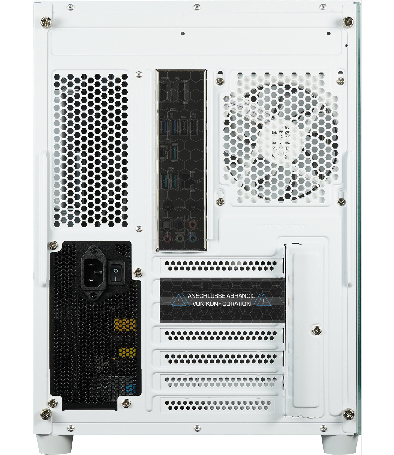 Arrière d'un boîtier PC blanc. Il a un ventilateur, plusieurs ports et une alimentation. L'arrière est en mesh.