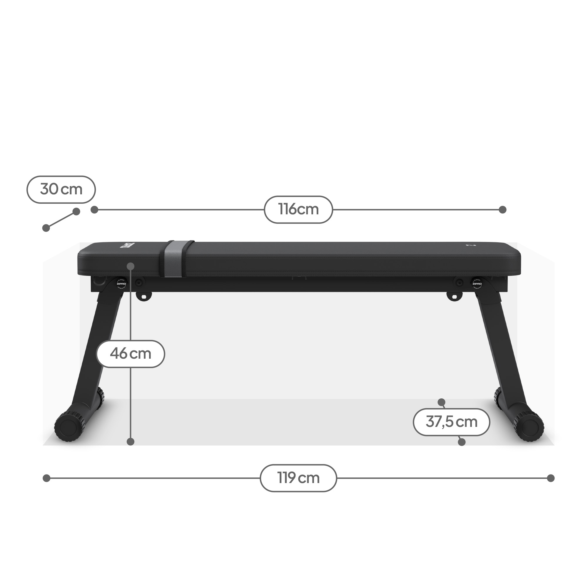 Schwarze Bank mit Maßen: 116 cm Länge, 30 cm Breite, 46 cm Höhe und 119 cm Basis.