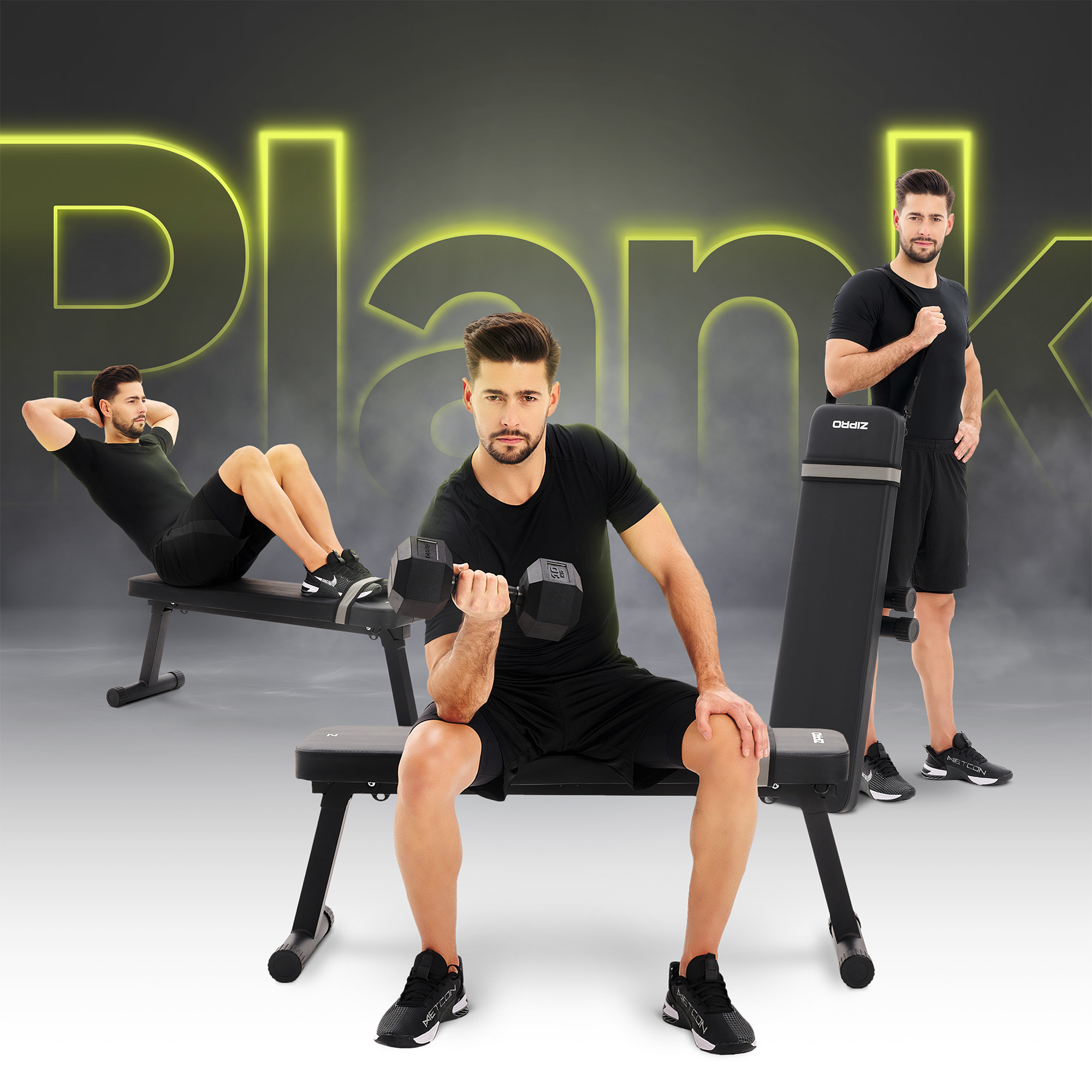 Männer trainieren auf schwarzen Bänken und heben Gewichte. Das Wort 'PLANK' ist gelb im Hintergrund.