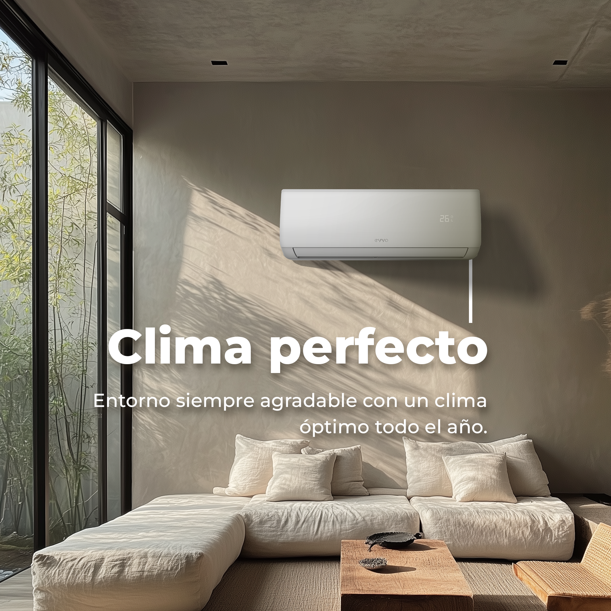 Un aire acondicionado en una pared de una sala de estar, con el texto 'Clima perfecto'.