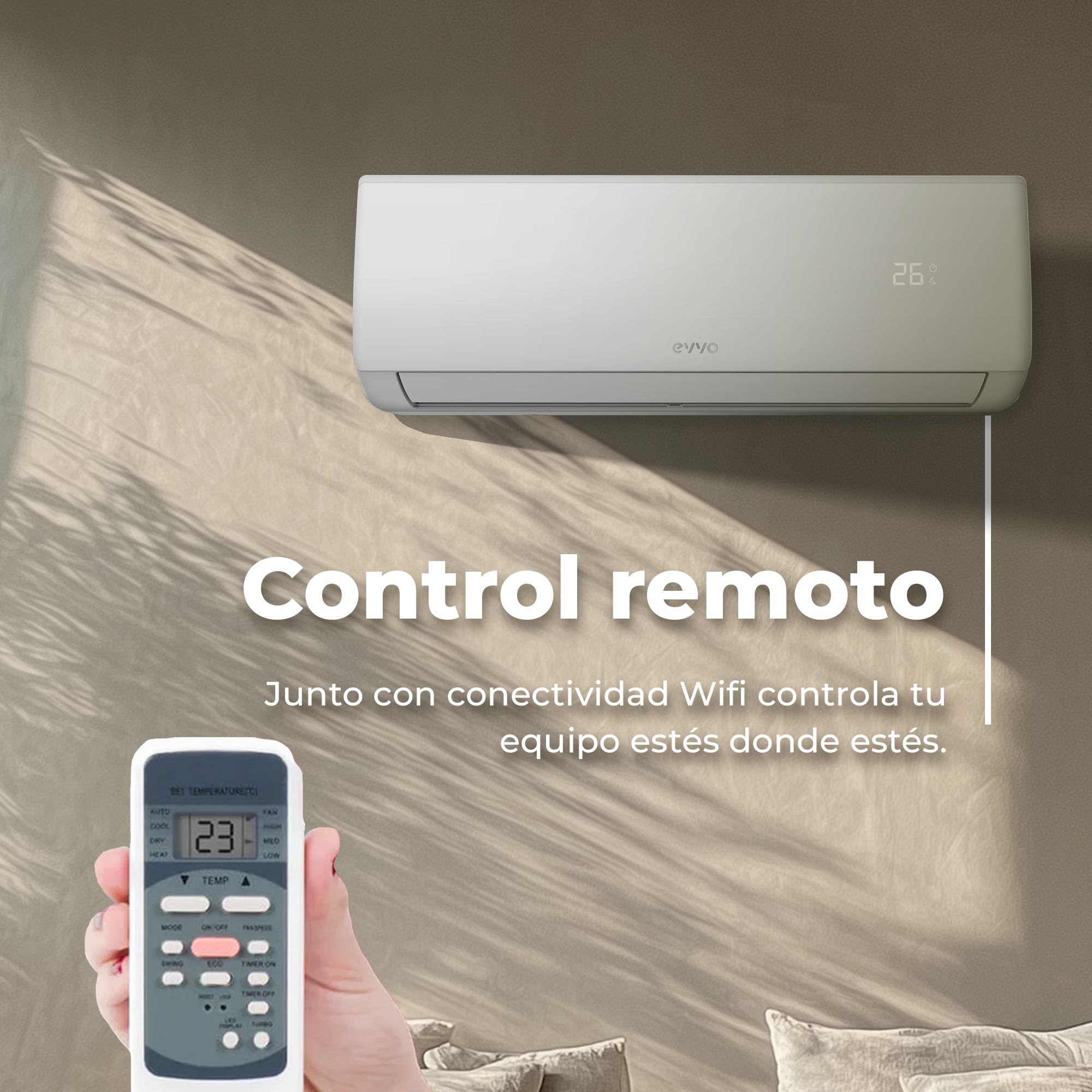 Aire acondicionado con el control remoto. Está en una pared blanca, y el fondo es marrón.