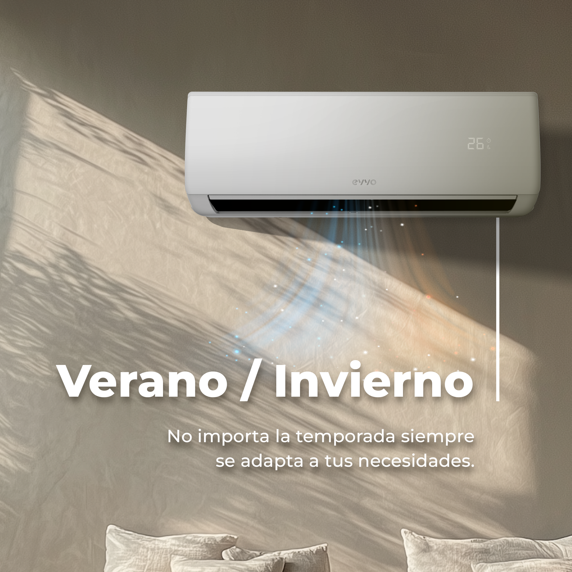 Un aire acondicionado en una pared. Texto: "Verano / Invierno" y una frase en español.