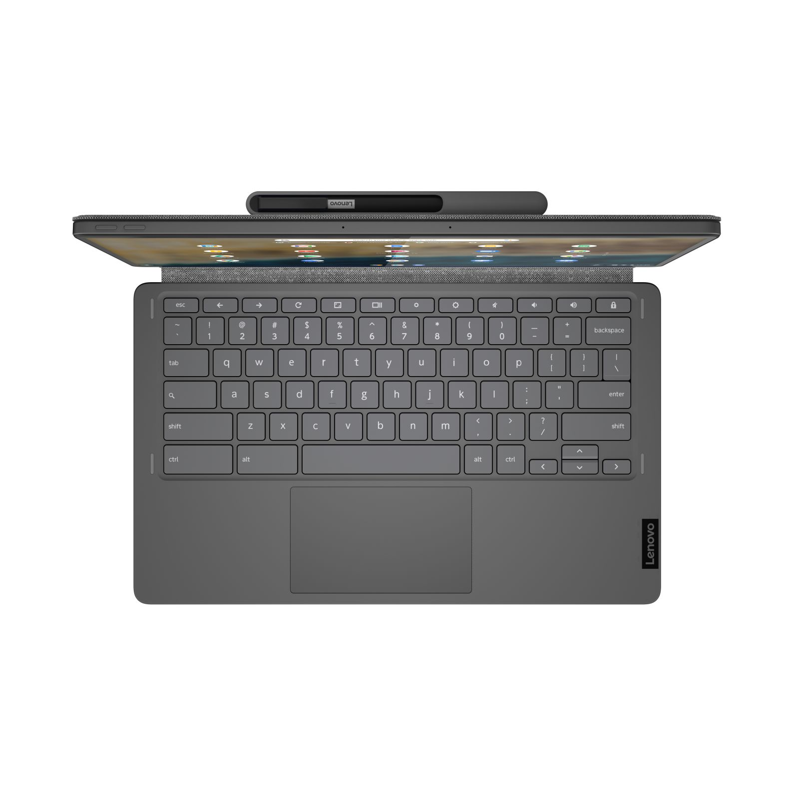 Laptop mit grauer Tastatur und Trackpad. Der Bildschirm ist geöffnet und zeigt den Desktop.