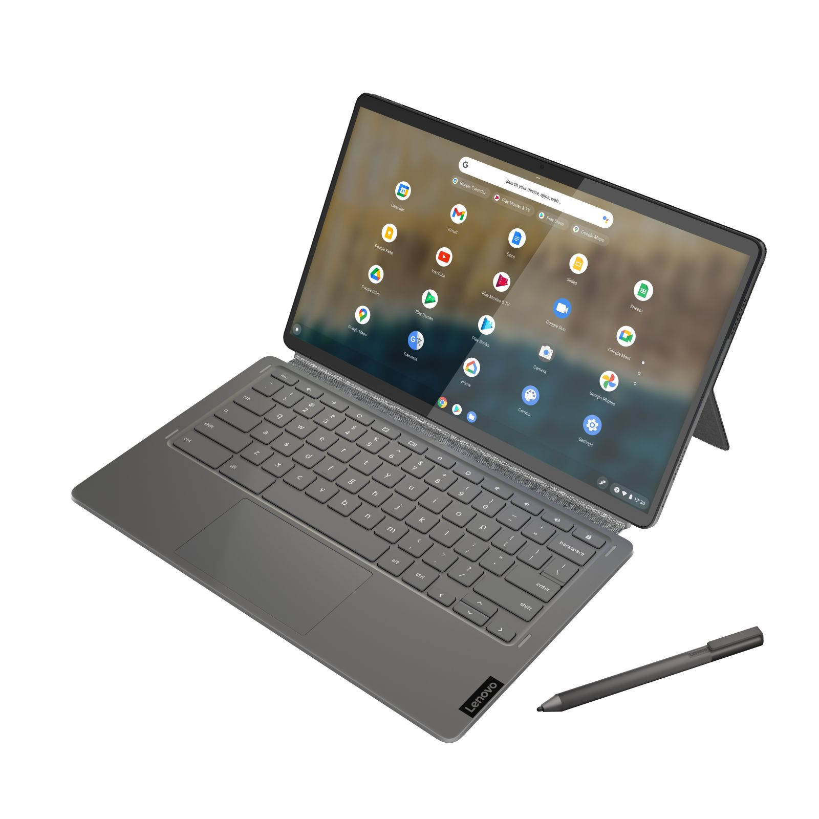 Laptop mit grauer Tastatur, Bildschirm und Stift. Der Bildschirm ist mit einer App geöffnet.