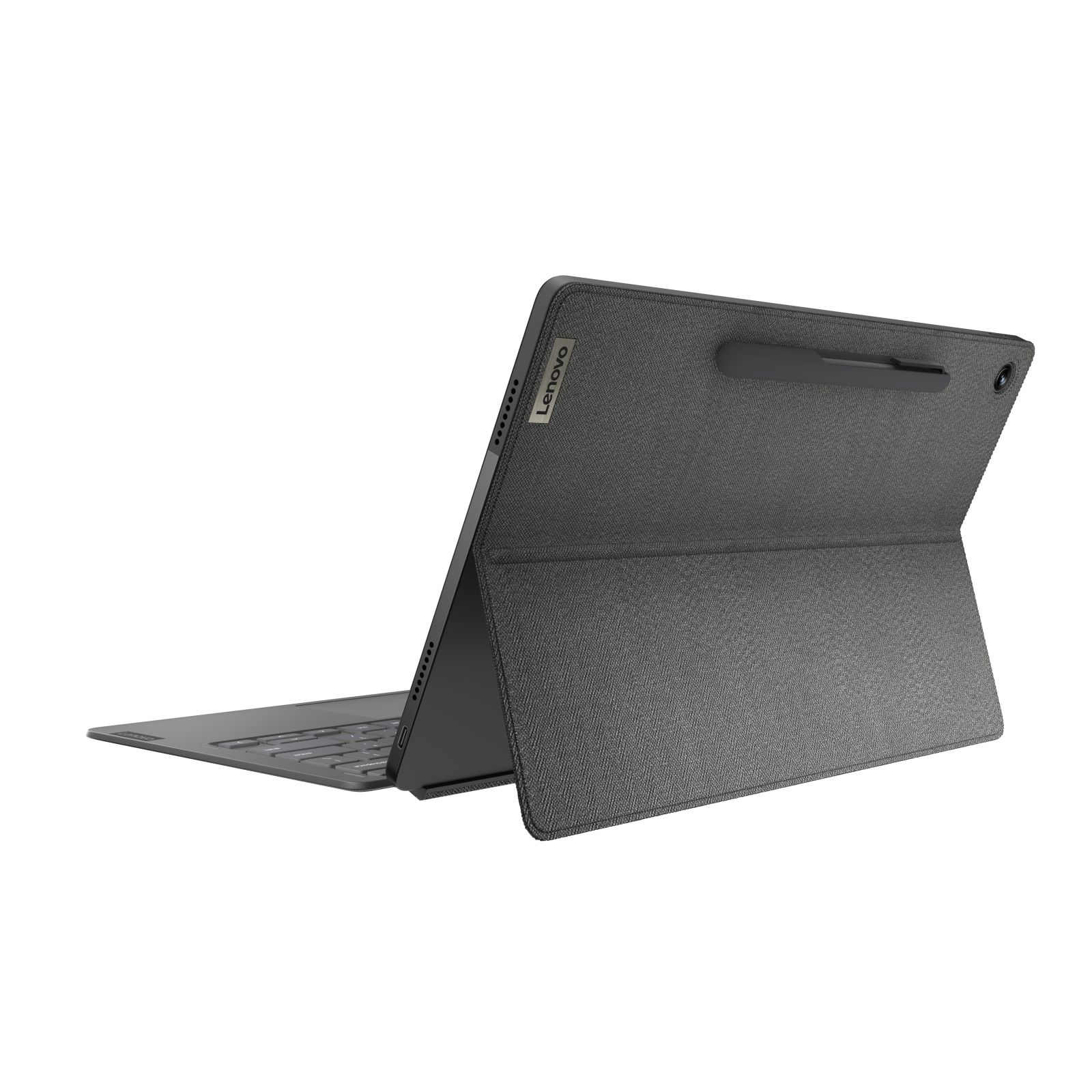 Graues Tablet mit Tastaturhülle. Der Bildschirm ist sichtbar und zeigt einen schwarzen Hintergrund.