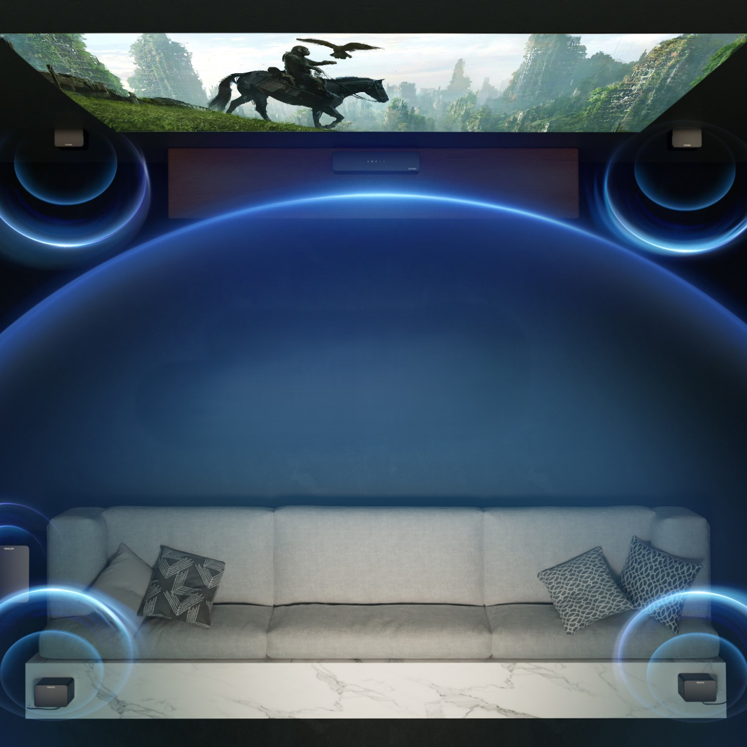 Salon z sofą, ekranem i systemem dźwiękowym. Przedstawiono niebieskie fale dźwiękowe.