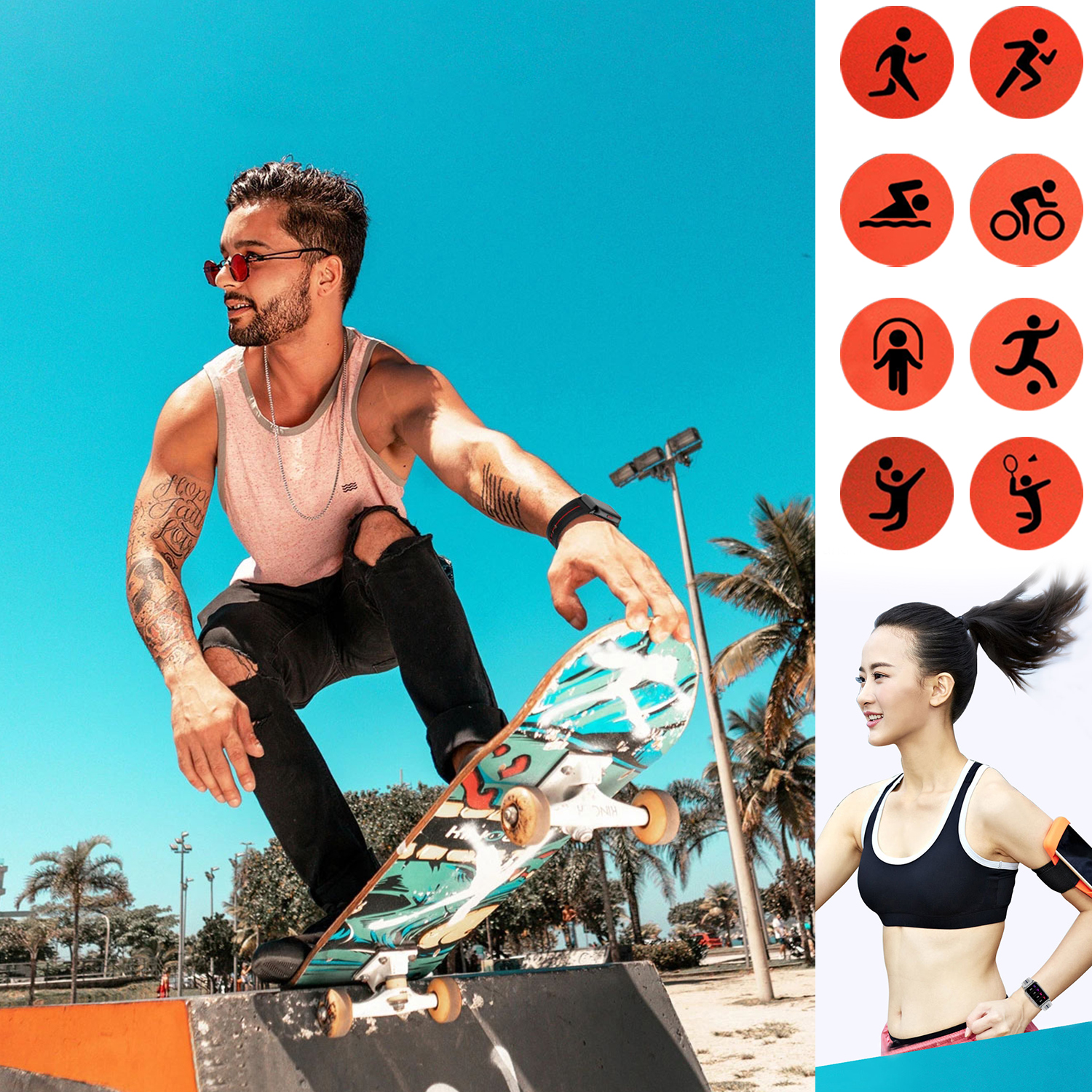 Mann auf Skateboard, Frau mit Fitness-Tracker und Icons, die verschiedene Aktivitäten zeigen, blauer Himmel im Hintergrund.