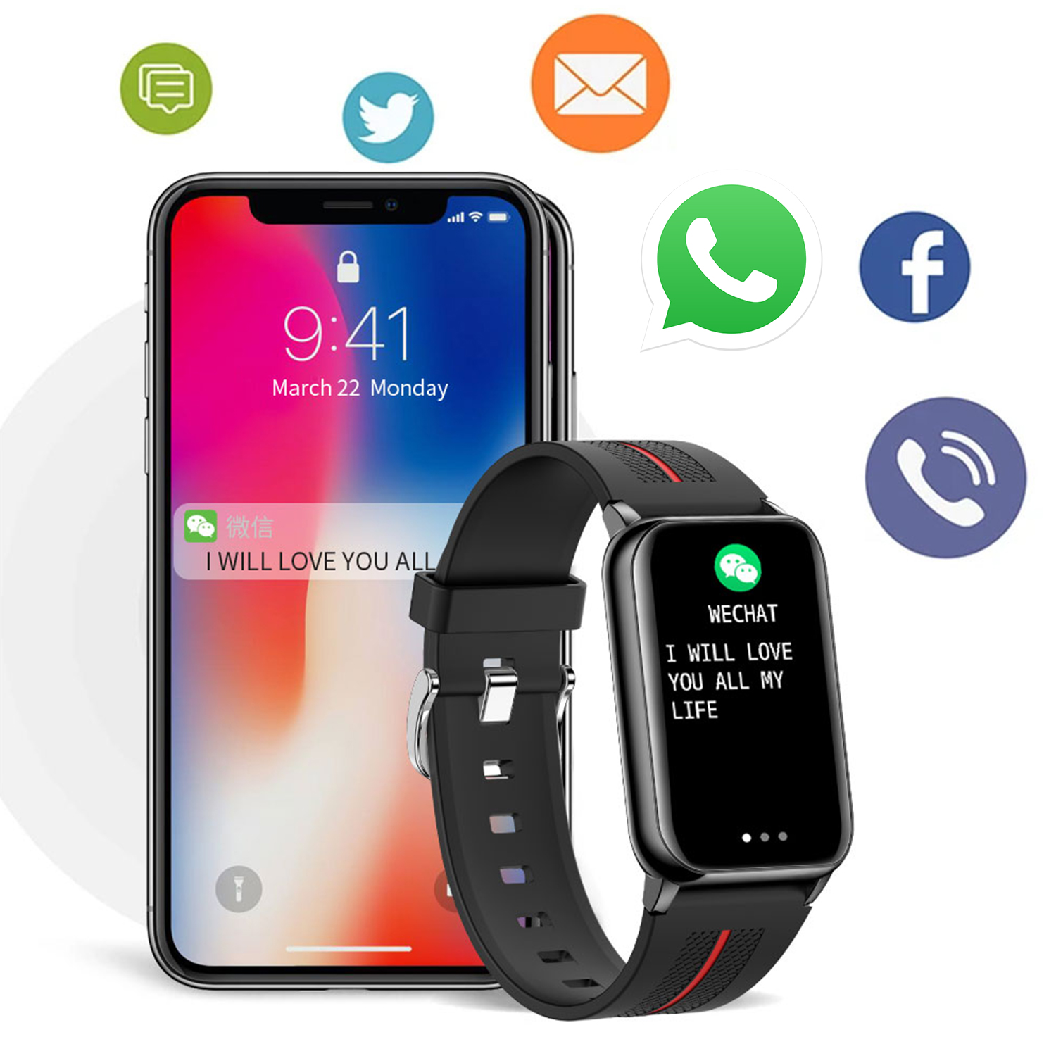 Smartphone zeigt Nachricht, schwarze Smartwatch zeigt WeChat-Nachricht.