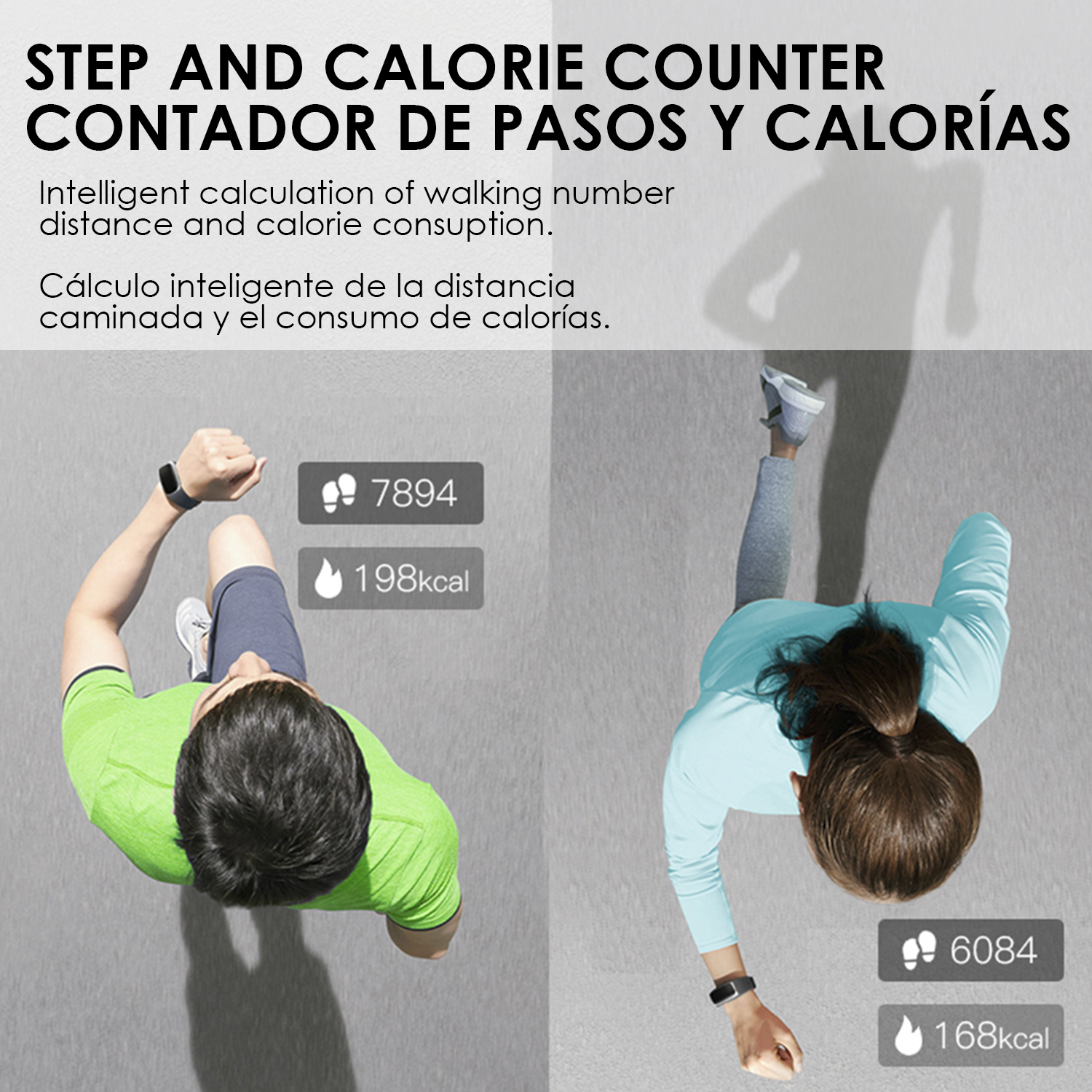Due persone corrono, indossano smartwatch, con contapassi e calorie.