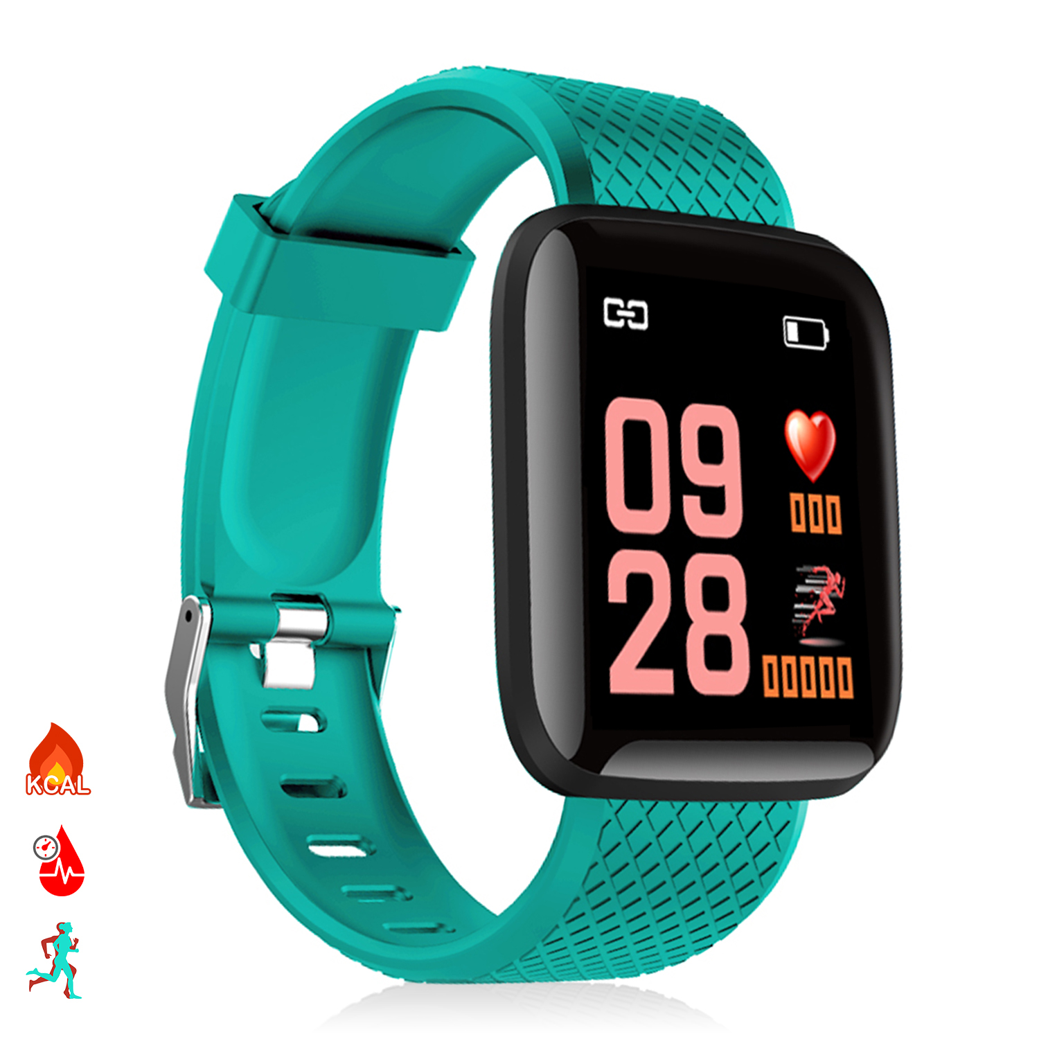 Smartwatch turchese che mostra tempo, frequenza cardiaca e passi, isolato.