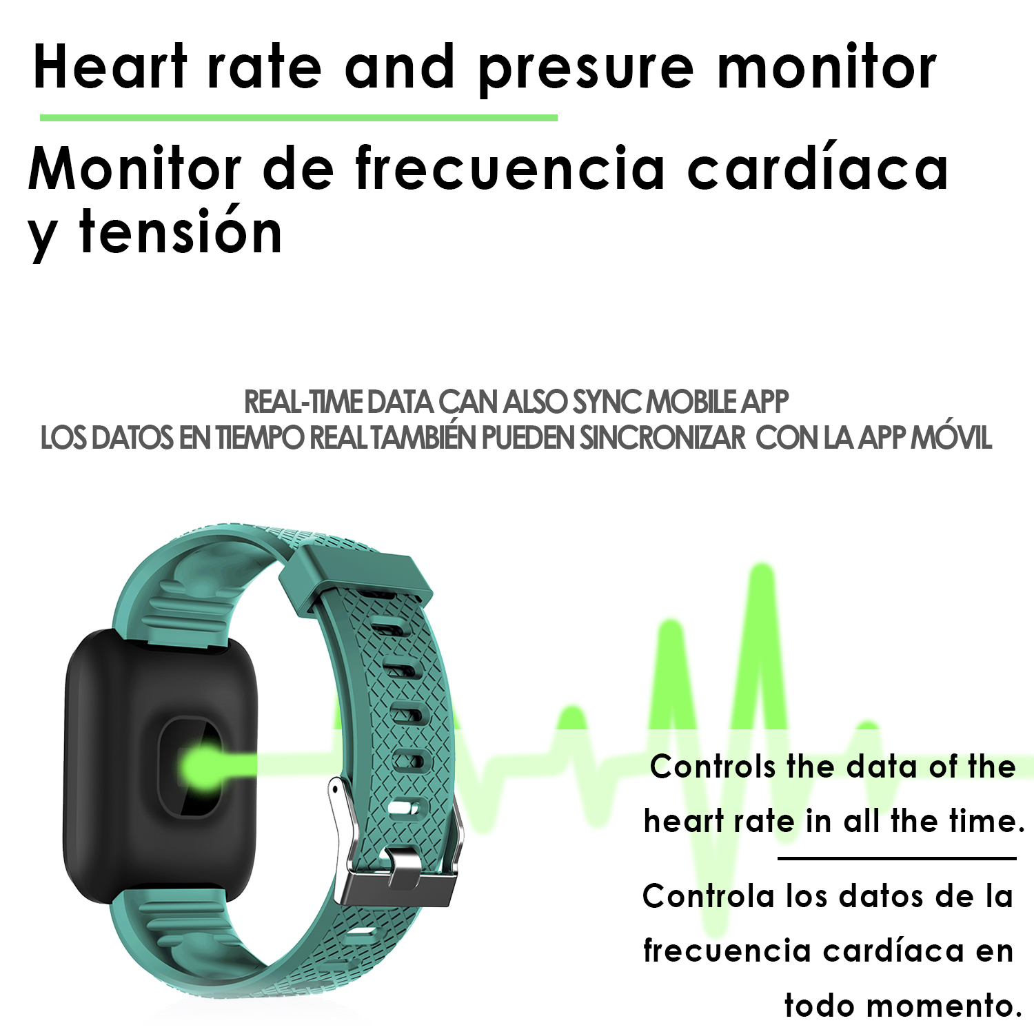 Smartwatch verde che mostra dati frequenza cardiaca e grafico a linee verde, con cinturino verde.