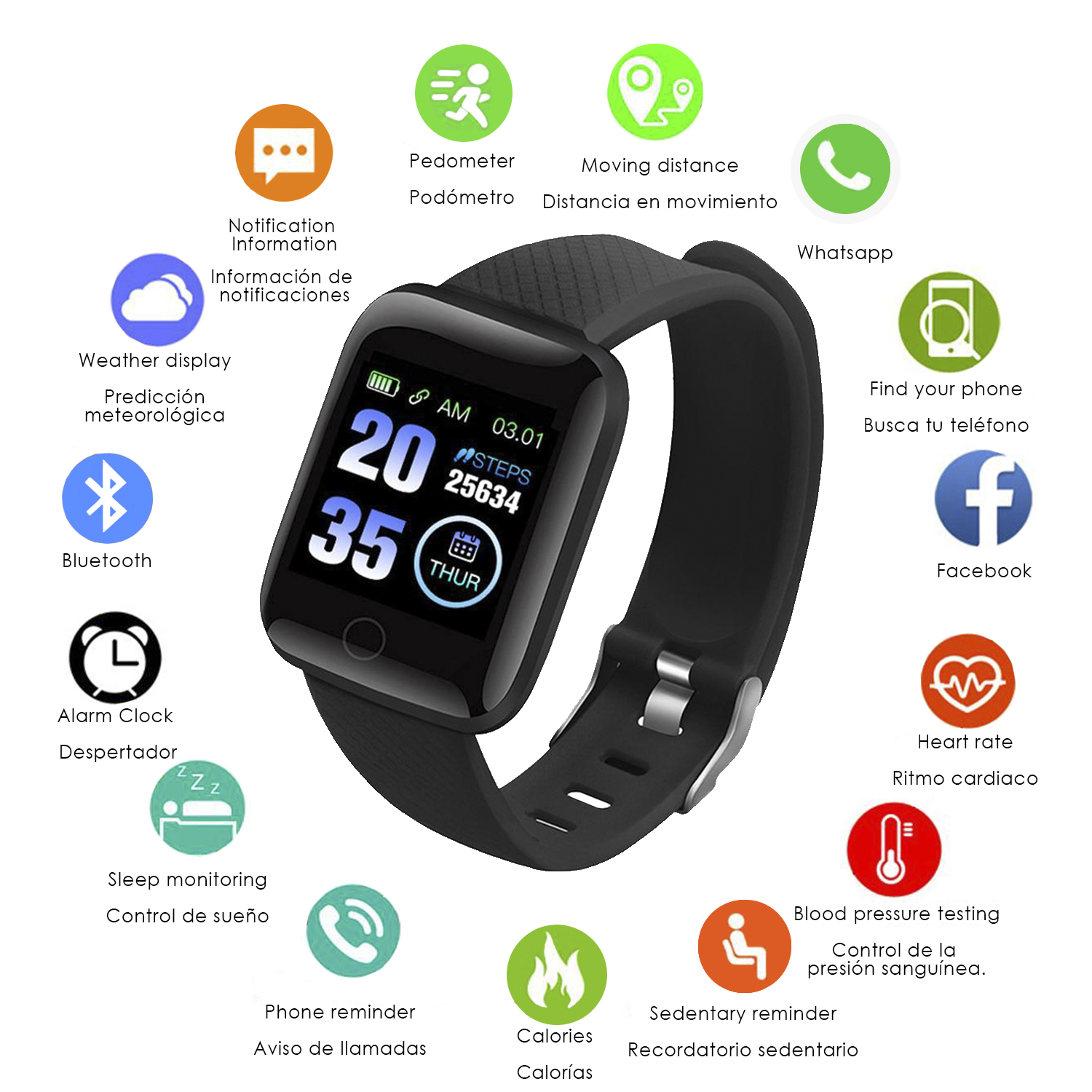 Smartwatch nero con icone per funzioni come meteo, telefono, Facebook e frequenza cardiaca.
