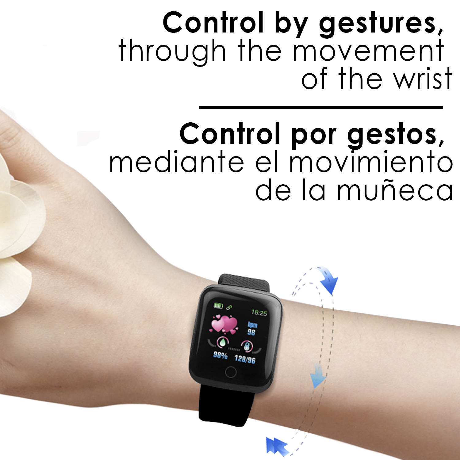 Una persona che indossa uno smartwatch con schermo nero che mostra la frequenza cardiaca. Frecce blu indicano i gesti.