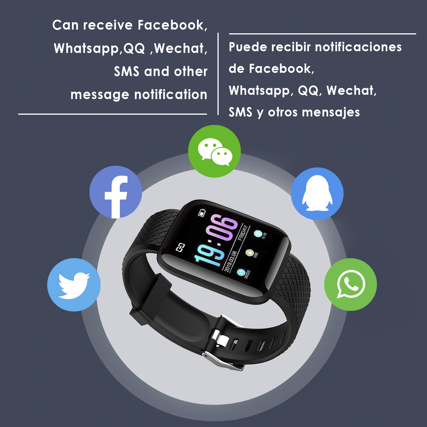 Smartwatch nero con ora e icone, circondato da icone di app, su uno sfondo blu scuro.