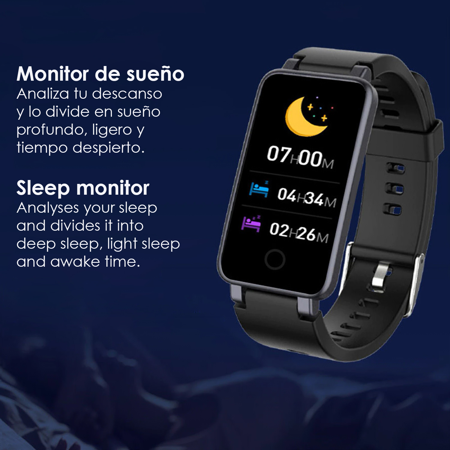 Fitness tracker nero che mostra dati sul sonno con icona luna e ripartizione della durata.