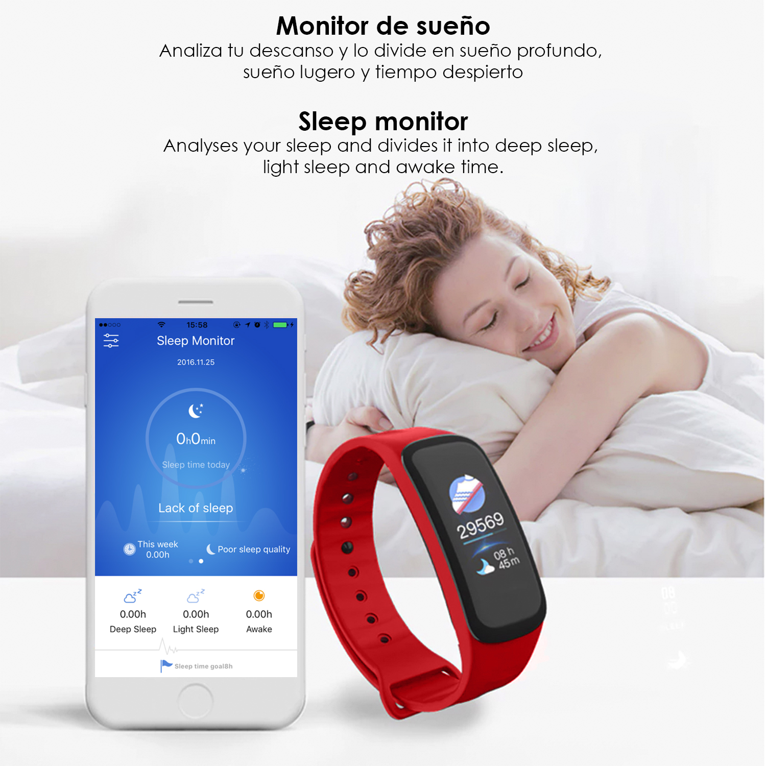 Una donna è sdraiata a letto che guarda il suo telefono, mentre uno smartwatch rosso è posizionato a destra.