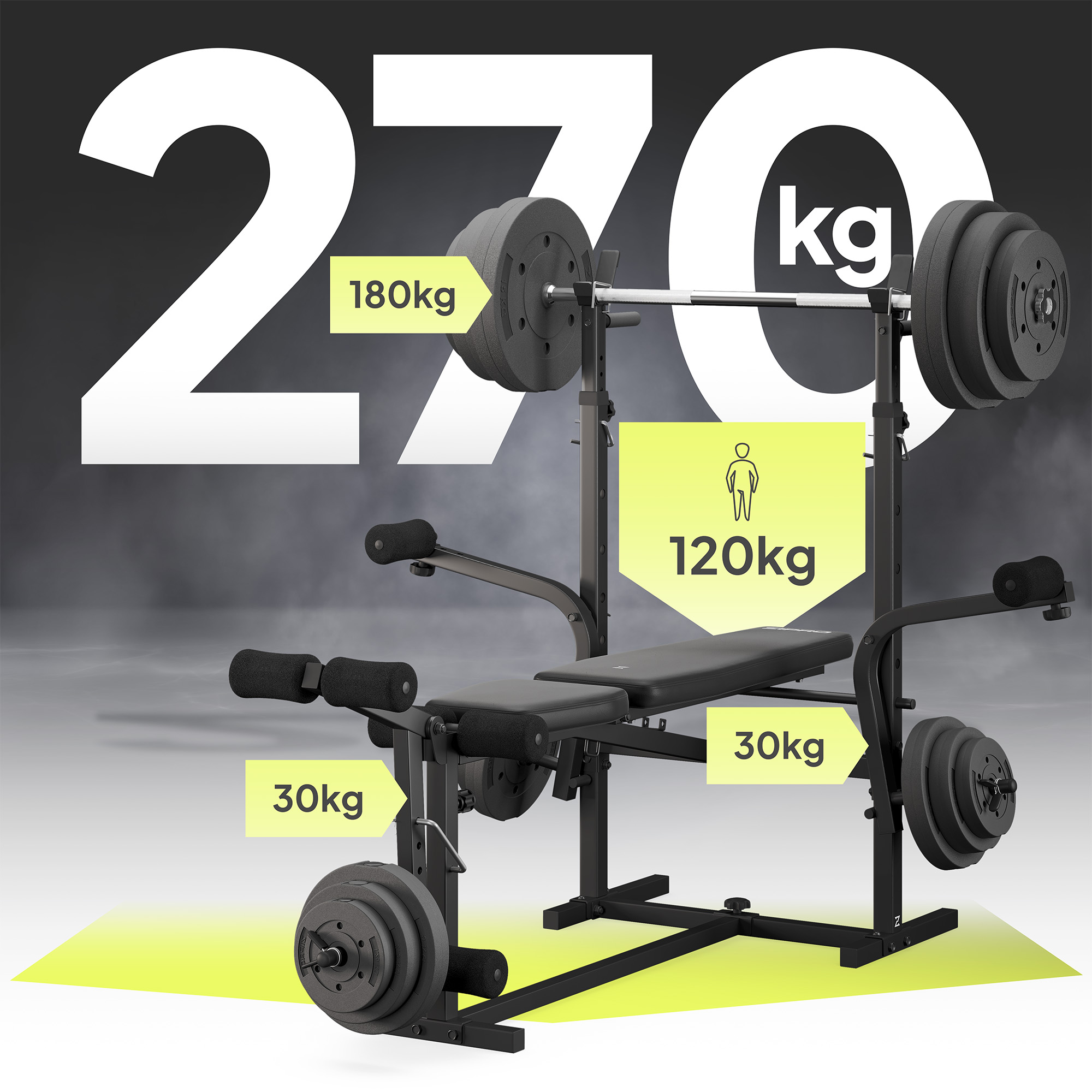 Banco de pesas con pesas a los lados y arriba. El banco soporta 270 kg, 120 kg en el banco, 180 kg arriba.