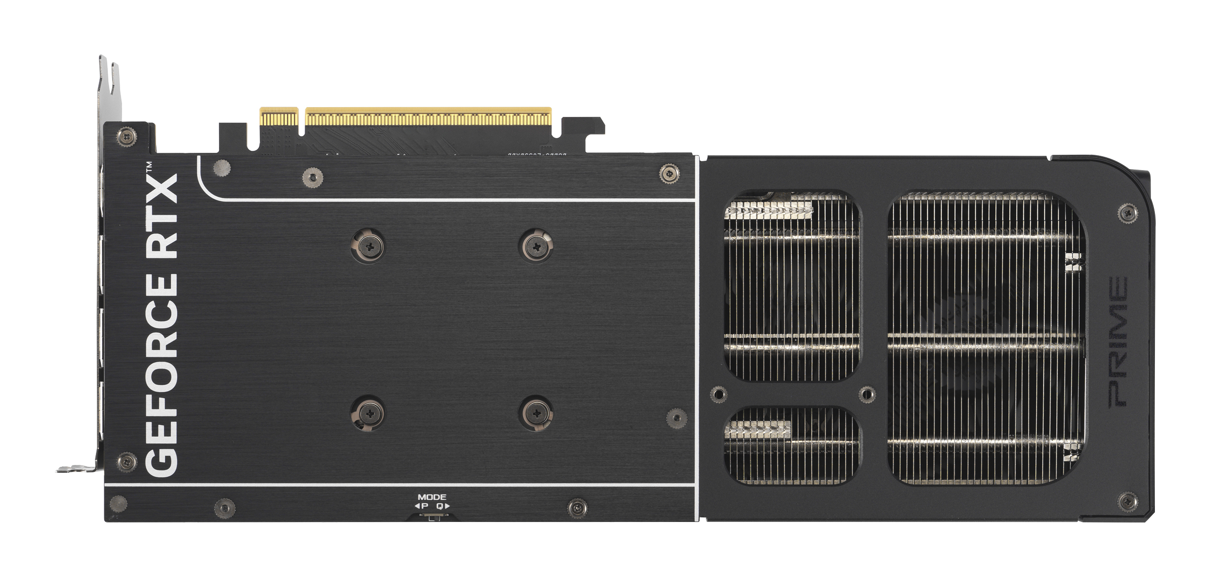 Widok z góry na czarną kartę graficzną, z napisem "GeForce RTX", z widocznymi wentylatorami chłodzącymi.