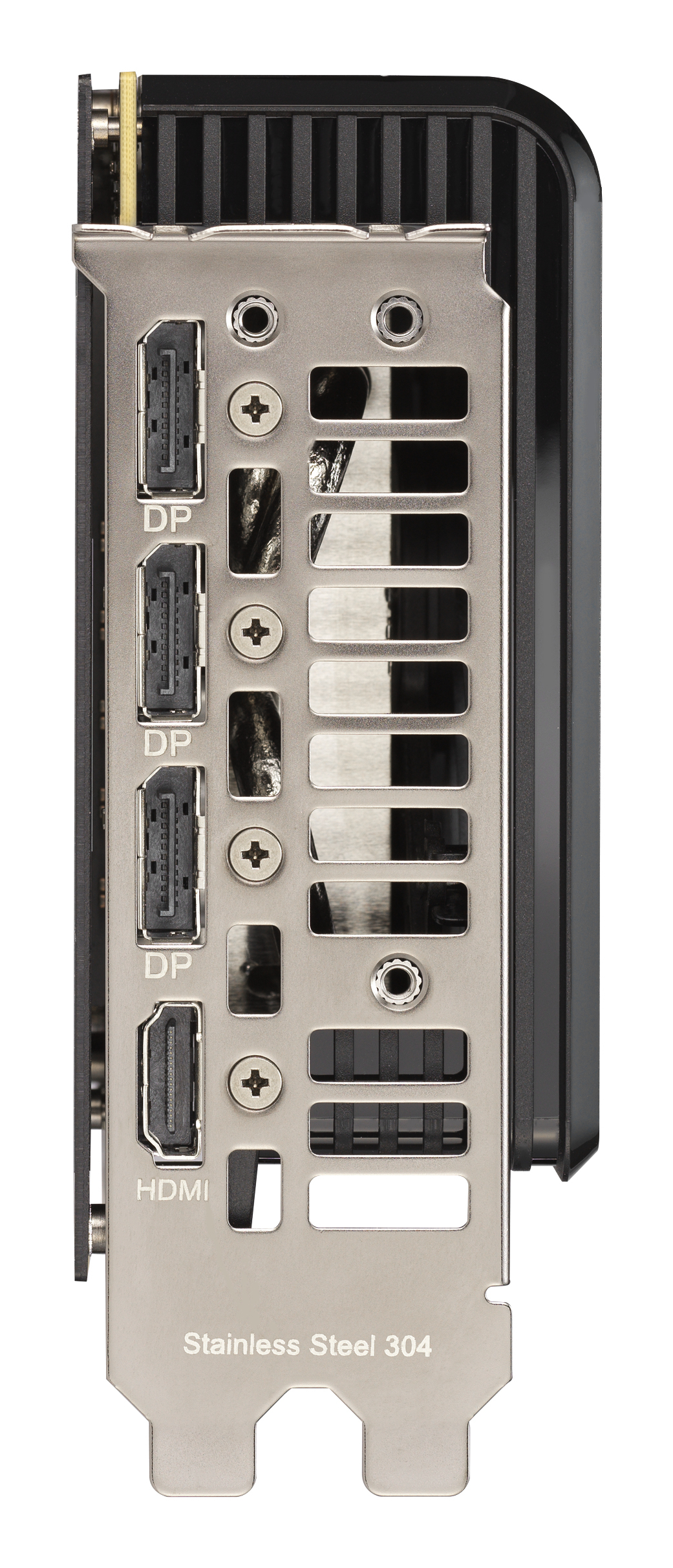 Karta graficzna z wieloma portami. Jest to widok z boku, pokazujący porty, w tym HDMI i DP.