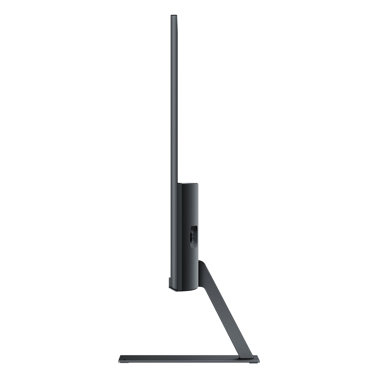 Widok z boku czarnego monitora komputera z cienką ramką i podstawką.