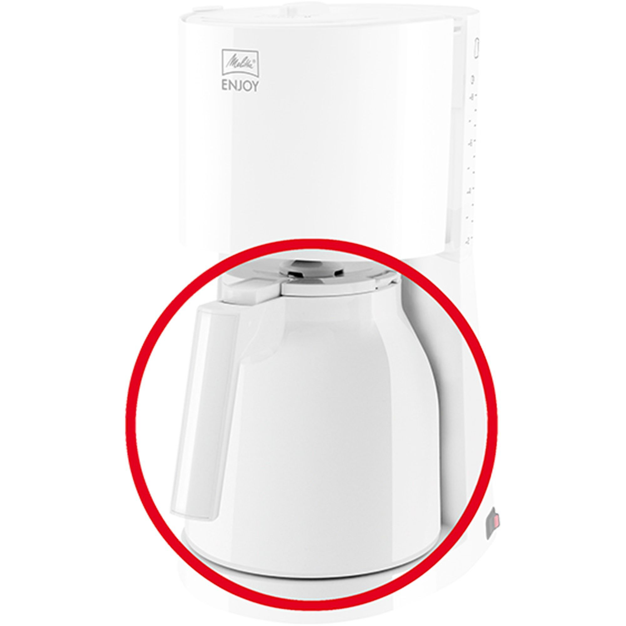 Weiße Kaffeemaschine mit rotem Kreis, der den Griff der Thermokanne hervorhebt.