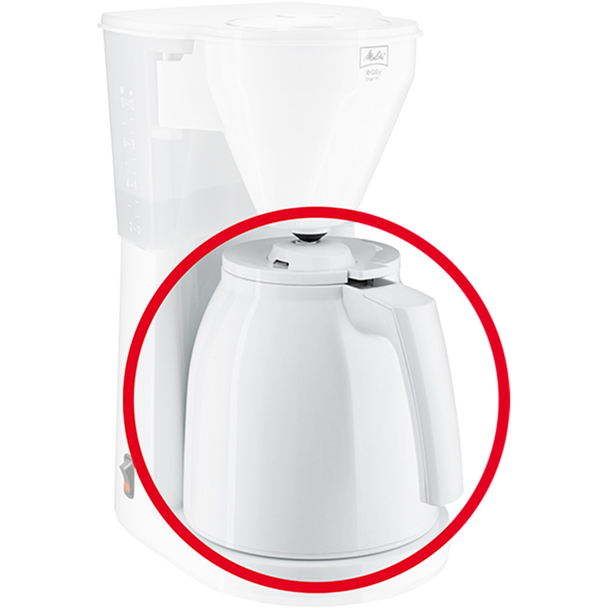 Weiße Kaffeemaschine mit rotem Kreis, der die Thermokanne hervorhebt.