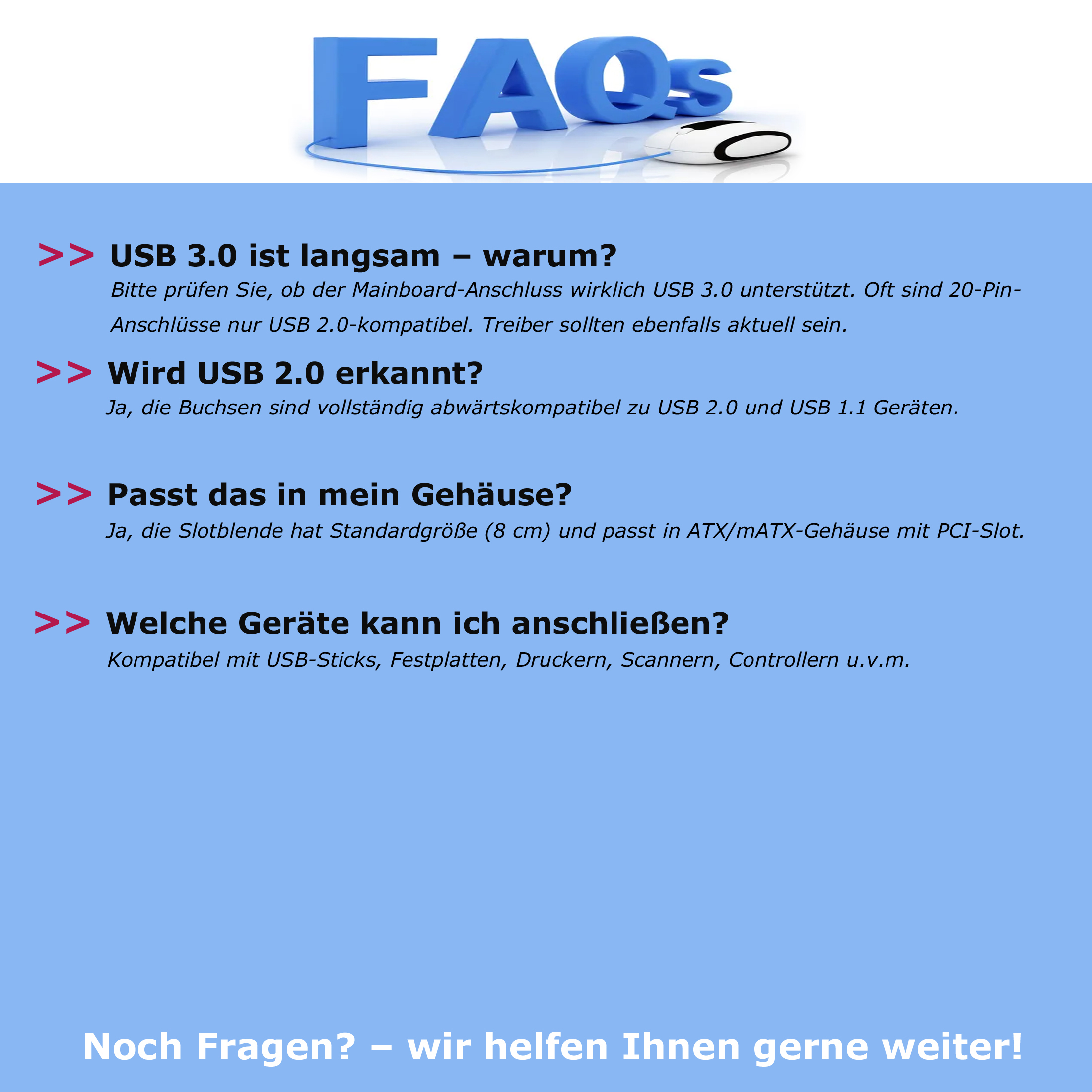 FAQs auf Deutsch. Blauer 'FAQs'-Titel. Text über USB 3.0, USB 2.0, Gehäusekompatibilität und kompatible Geräte.