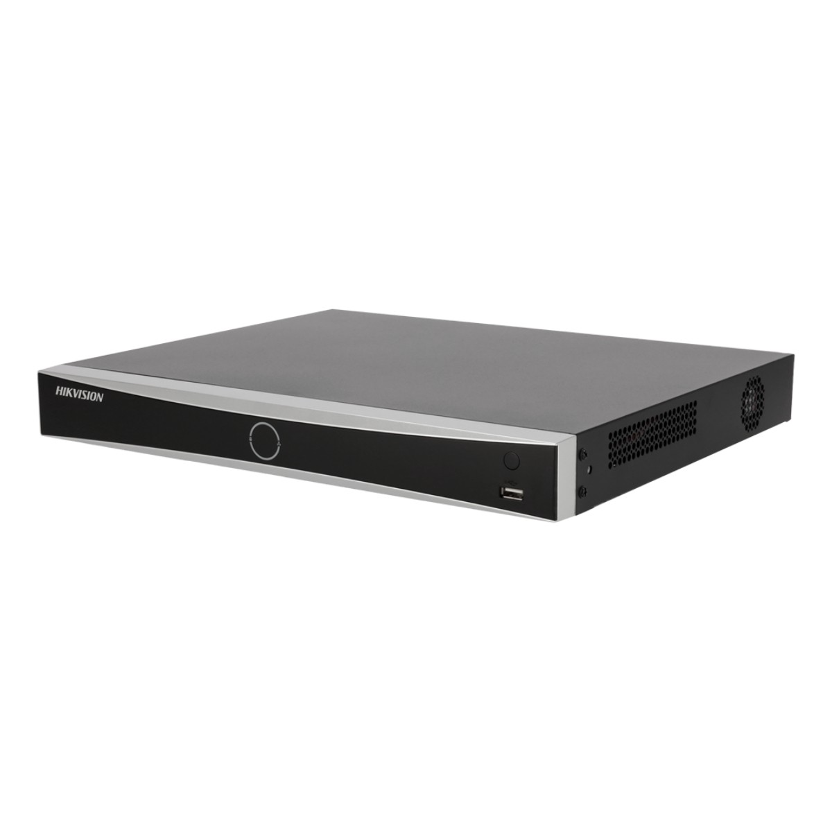 Dispositivo HIKVISION nero, con linea argentata, pulsante rotondo e diverse porte. È su una superficie bianca.