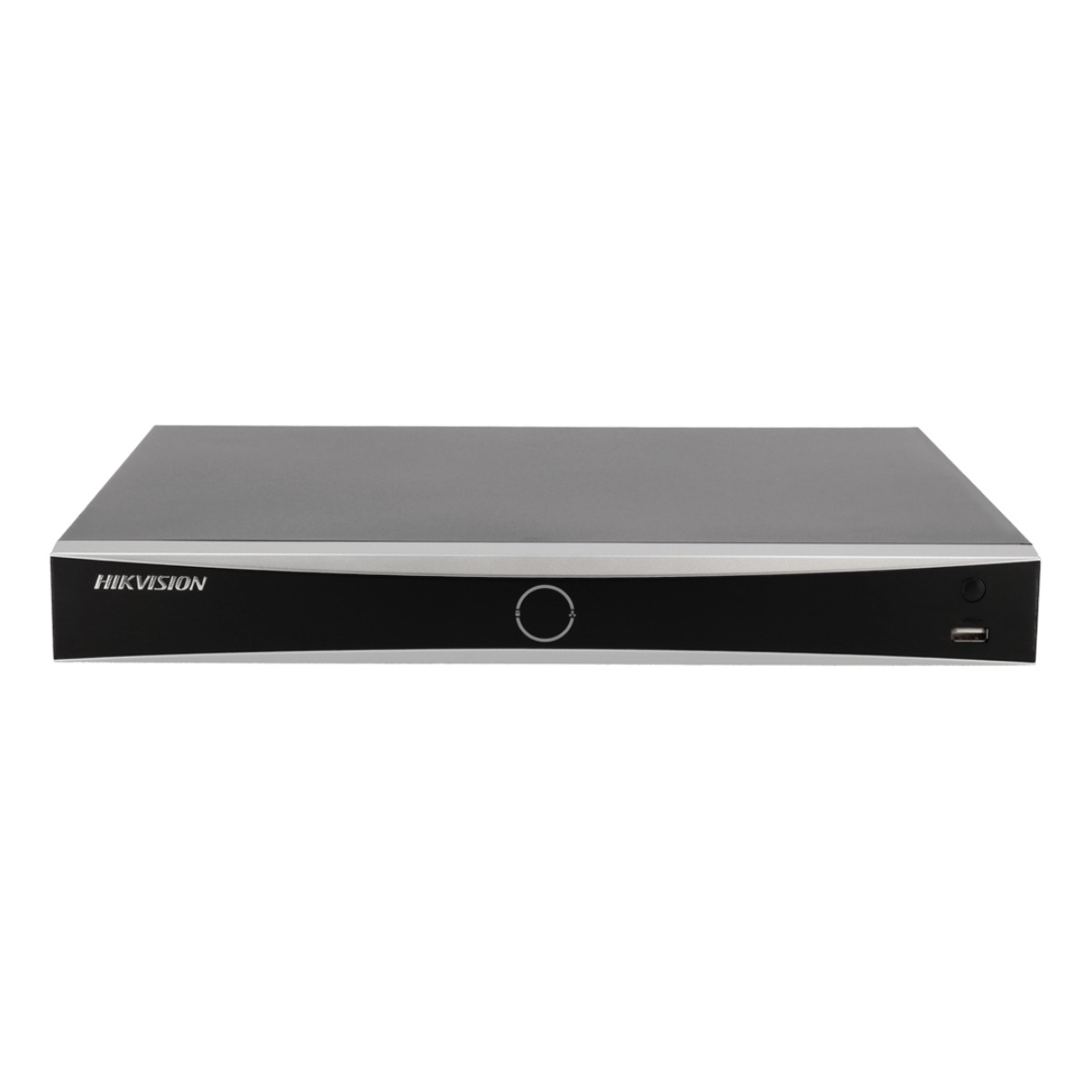 Un DVR Hikvision nero, rettangolare, con finiture argentate. Ha un pulsante di accensione, una porta USB e il logo Hikvision.