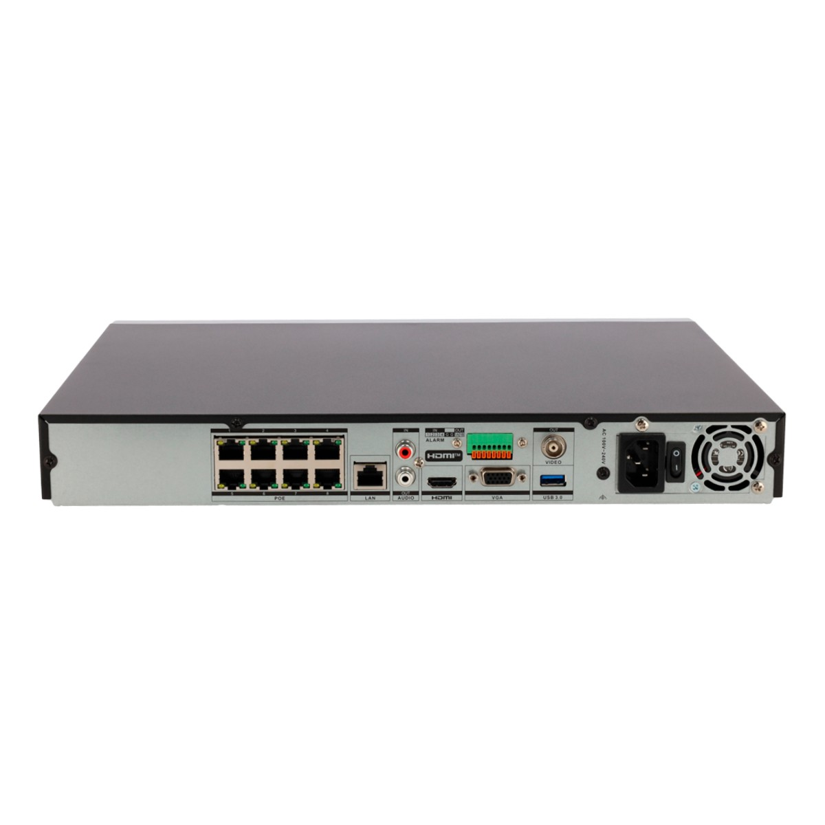 Retro di un DVR nero con porte. Include LAN, HDMI, USB e ingressi di alimentazione, oltre a ventola e vari altri connettori.