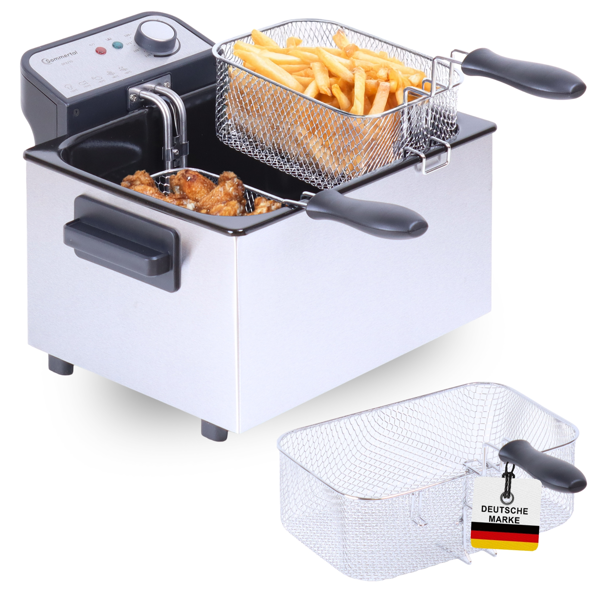 Gewerblicher Fritteuse mit Hähnchen und Pommes, mit Korb.