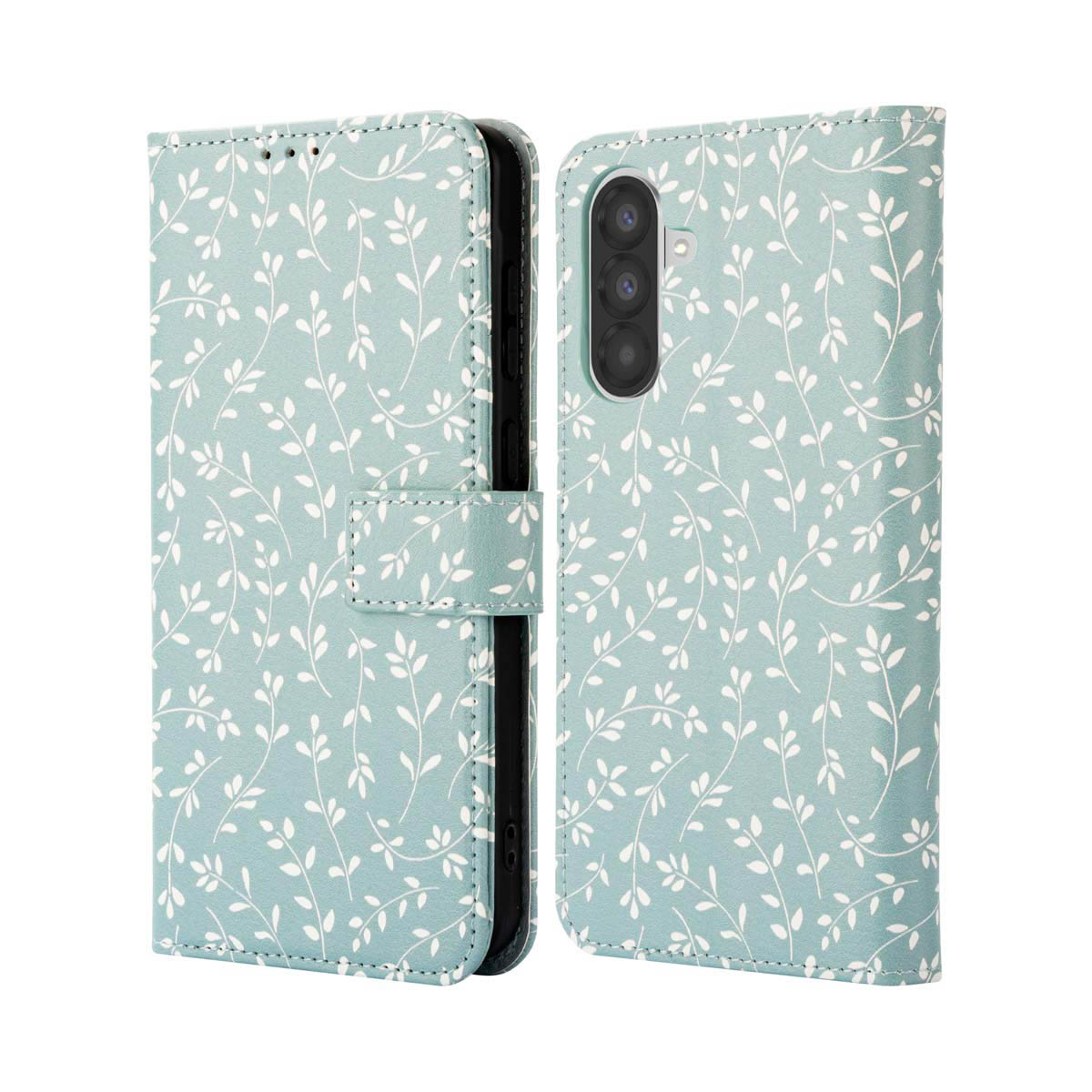 Een telefoonhoesje met bloemenpatroon, open, met een telefoon erin.