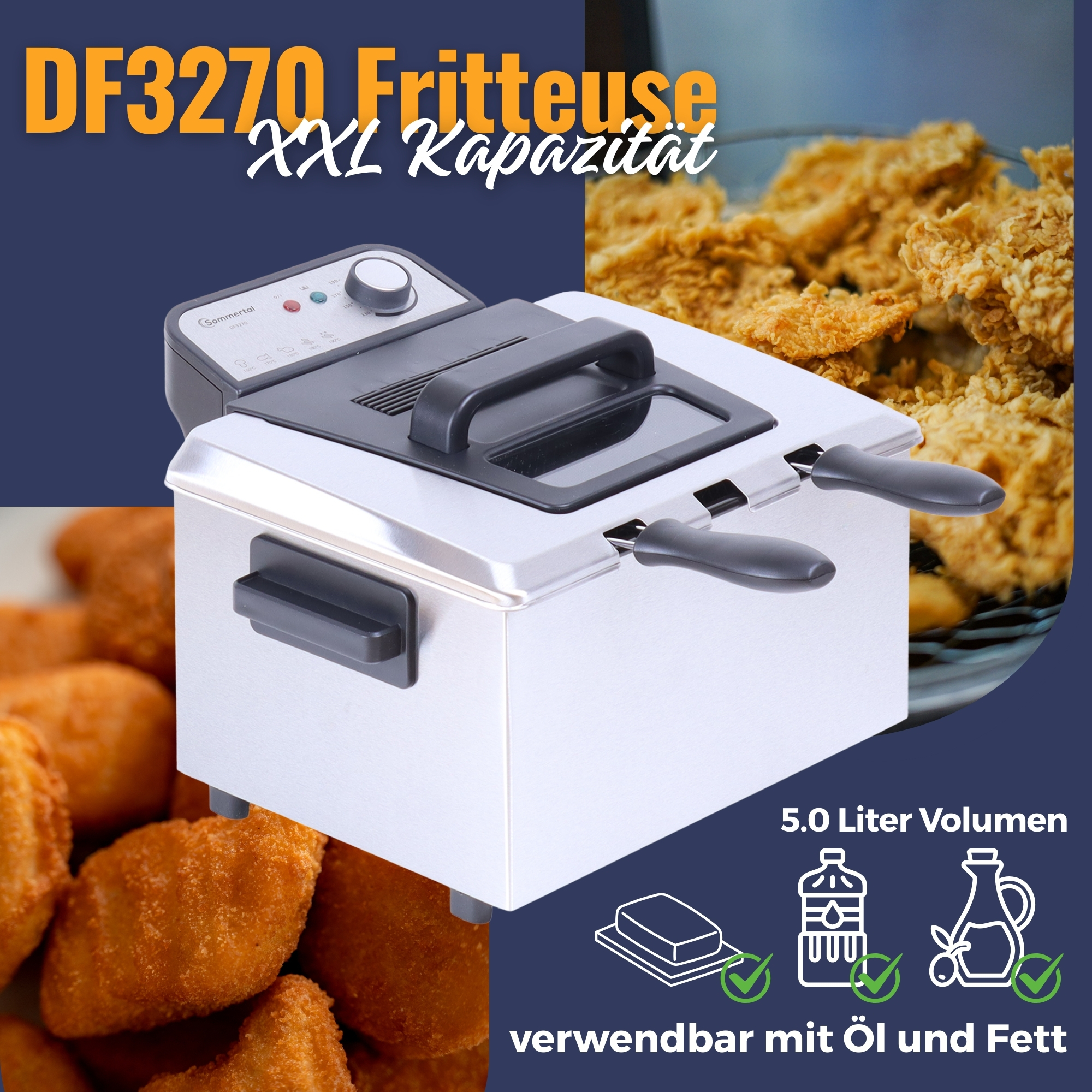 Eine silberne Fritteuse mit Hähnchen und Beilagen im Hintergrund. Text: XXL-Kapazität.