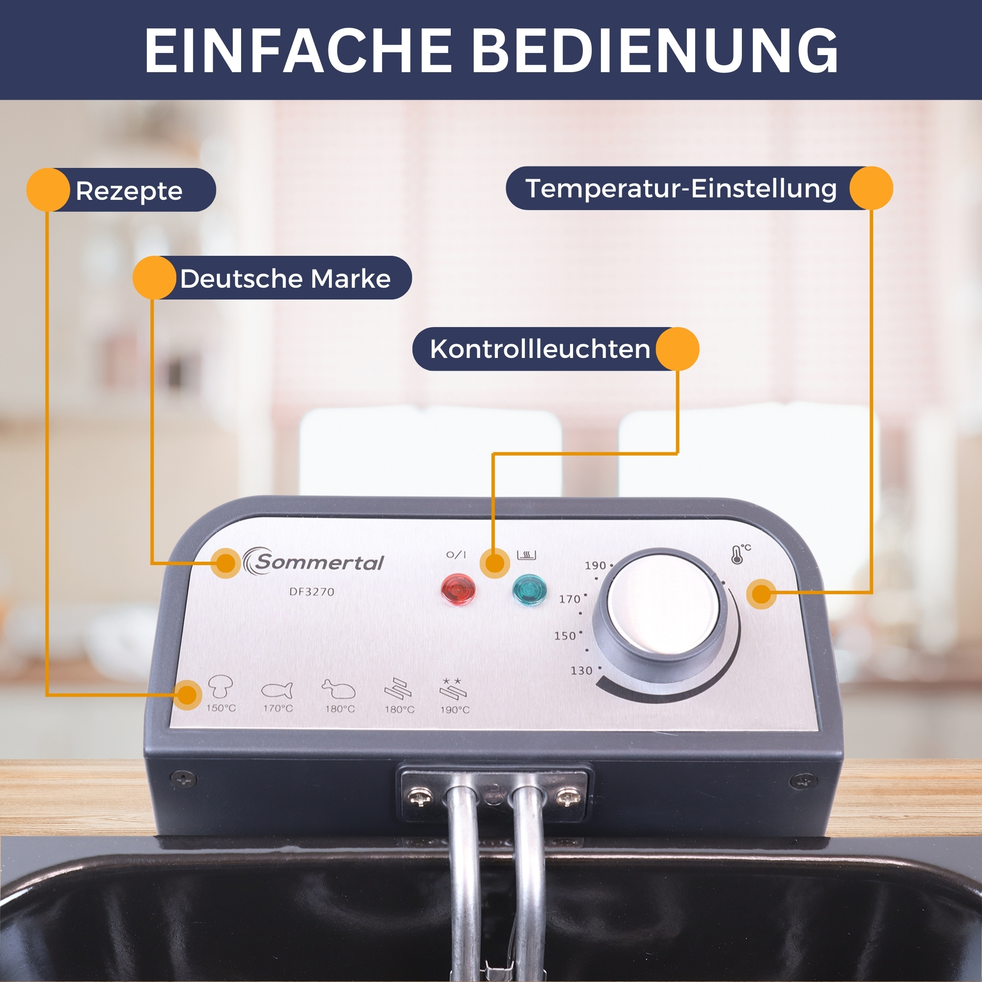 Bedienfeld einer Fritteuse mit Knöpfen und Temperatureinstellungen.