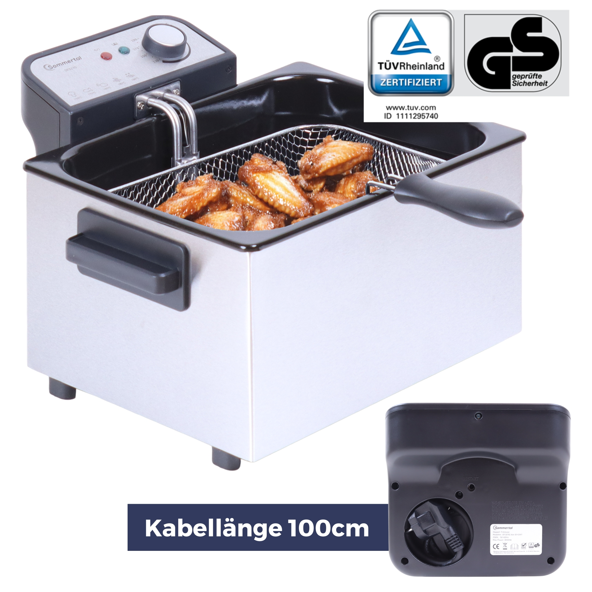 Gewerblicher Fritteuse mit Hähnchen, mit Korb und Zertifizierungen.