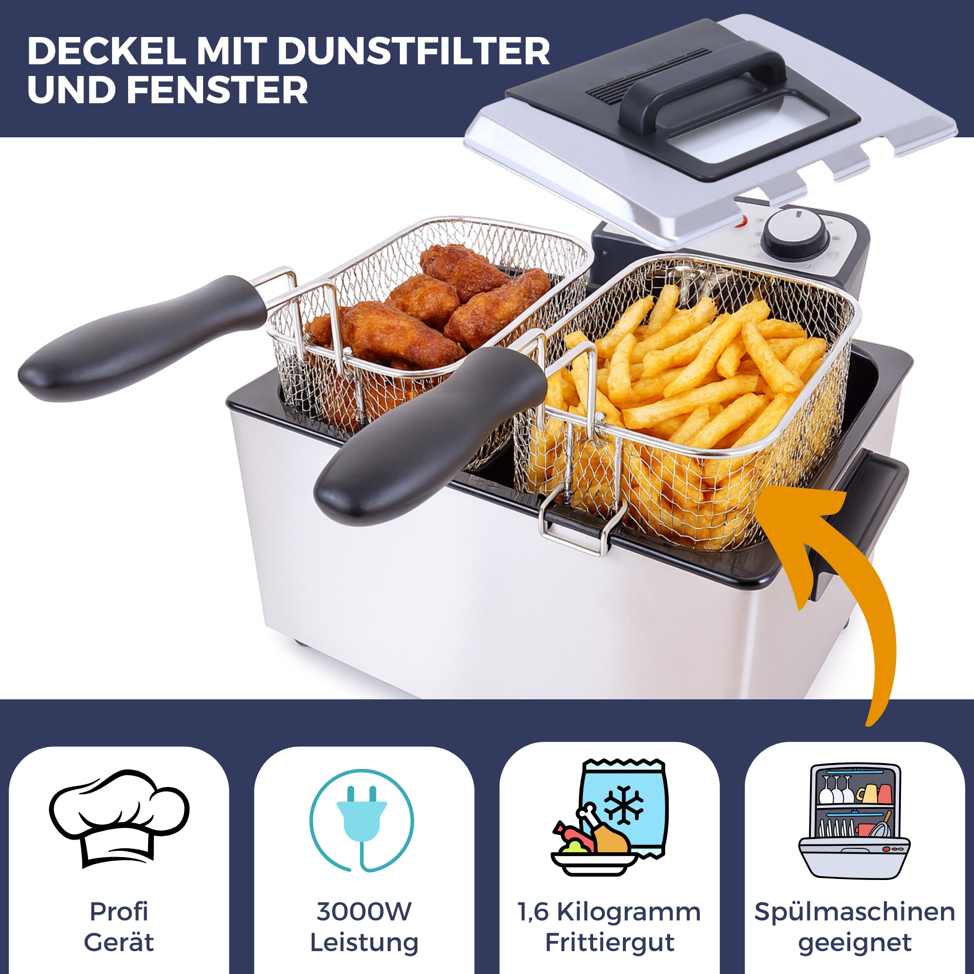 Eine Fritteuse mit zwei Körben. Es gibt Pommes und andere frittierte Speisen. Text: Profi Gerät.