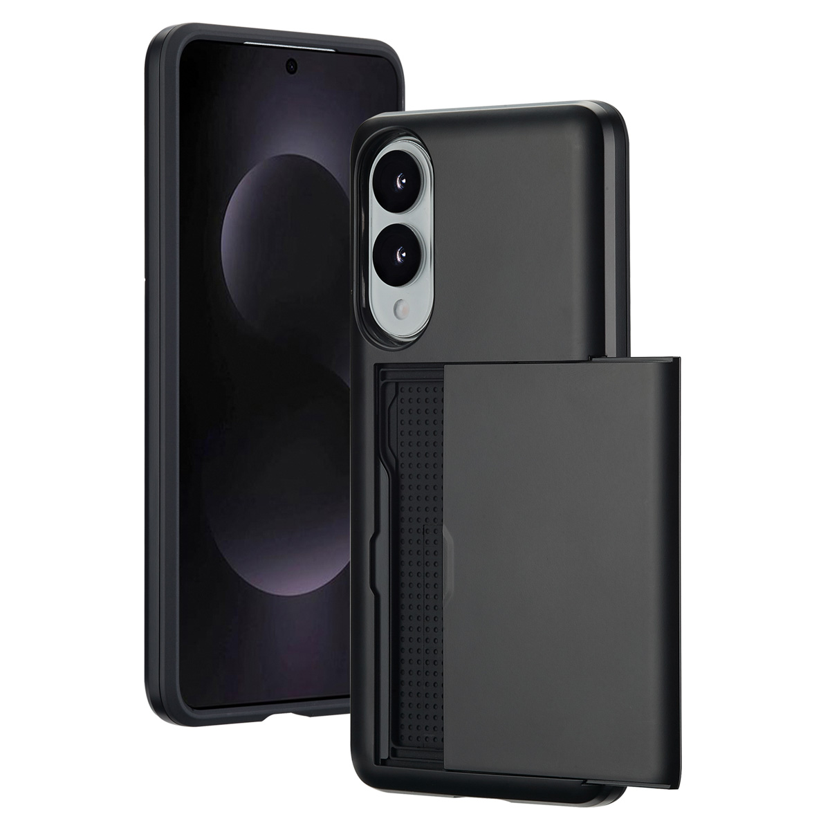 Un téléphone noir dans un étui noir avec un porte-cartes ouvert. Le téléphone est à gauche.