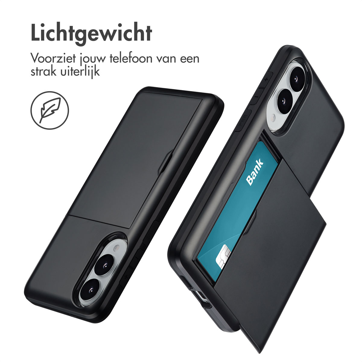 Deux étuis de téléphone noirs. Un est ouvert pour révéler une carte, l'autre est fermé.