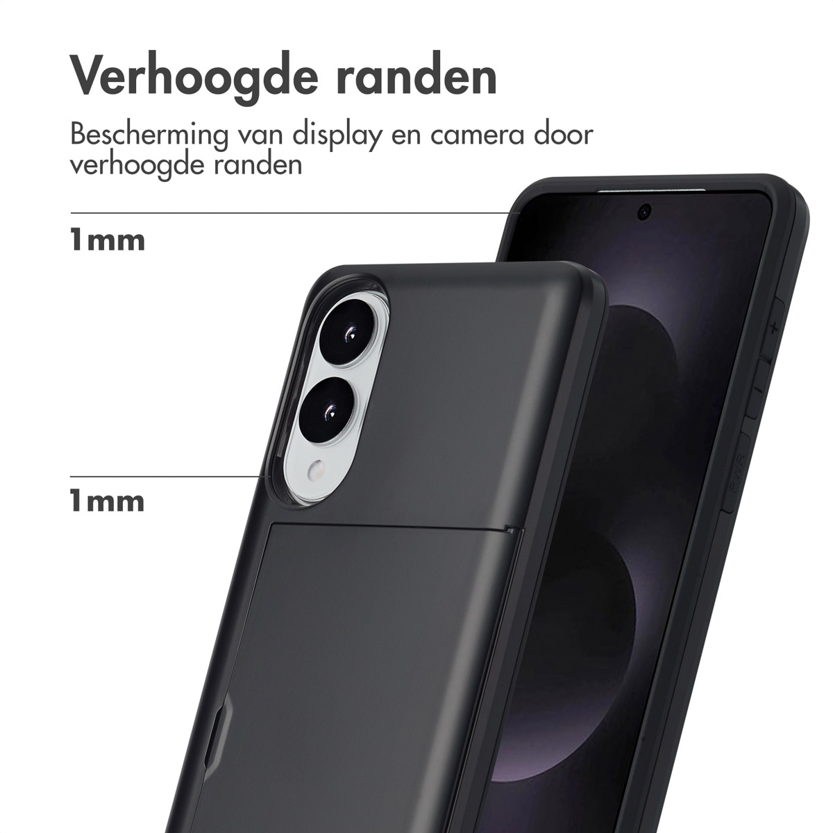 Un étui de téléphone noir avec le porte-cartes ouvert, montrant l'épaisseur de l'étui.