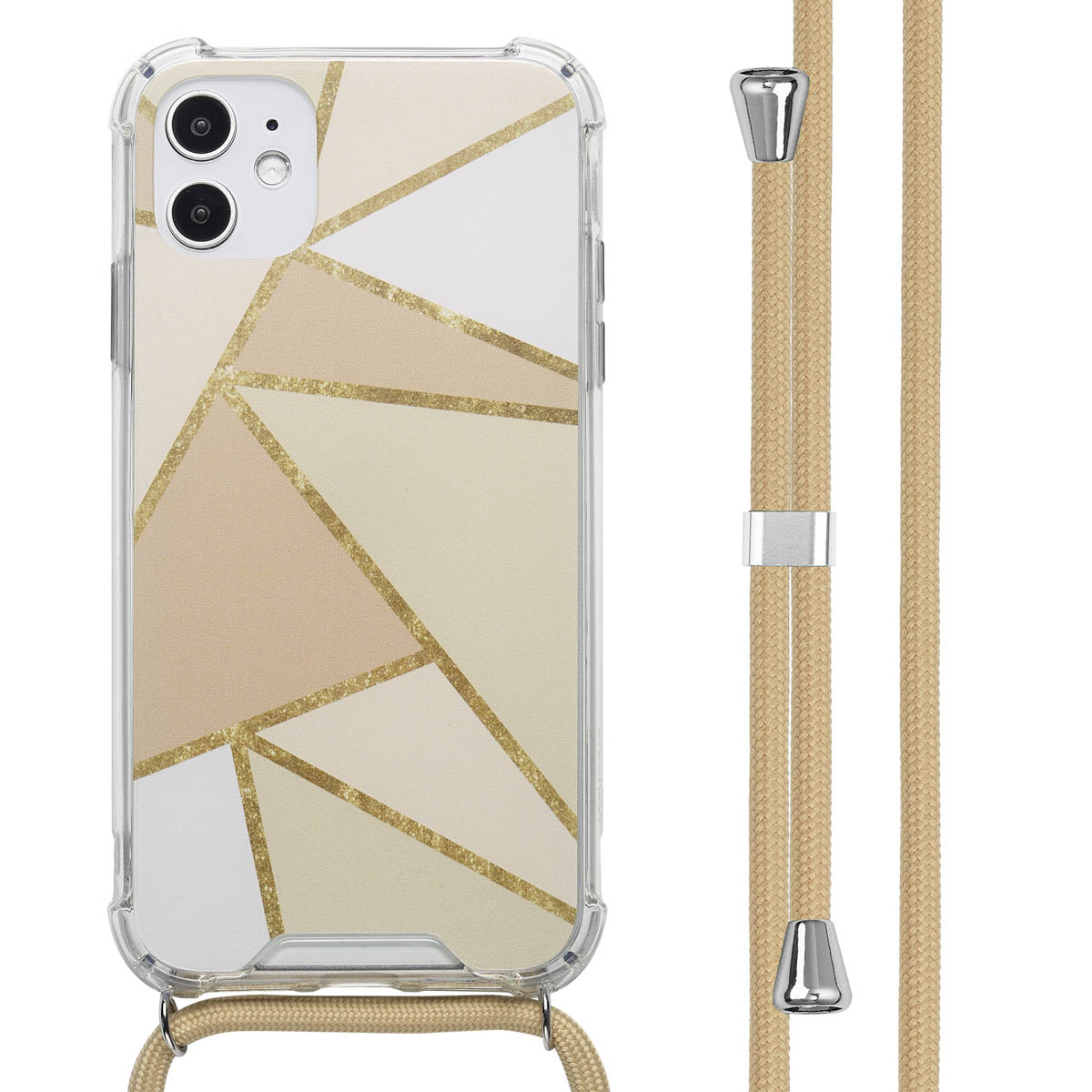 Coque de téléphone transparente avec motif géométrique doré. Une sangle beige est attachée.