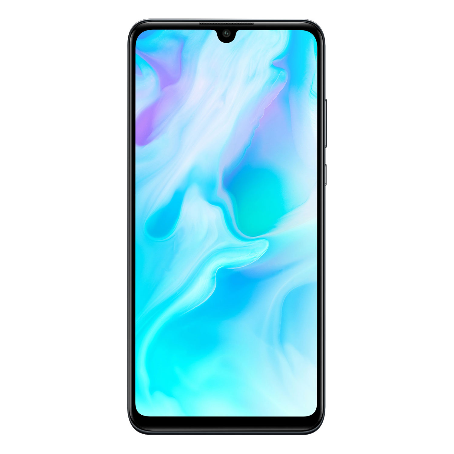 Smartfon z niebieskim i fioletowym abstrakcyjnym tłem na ekranie.