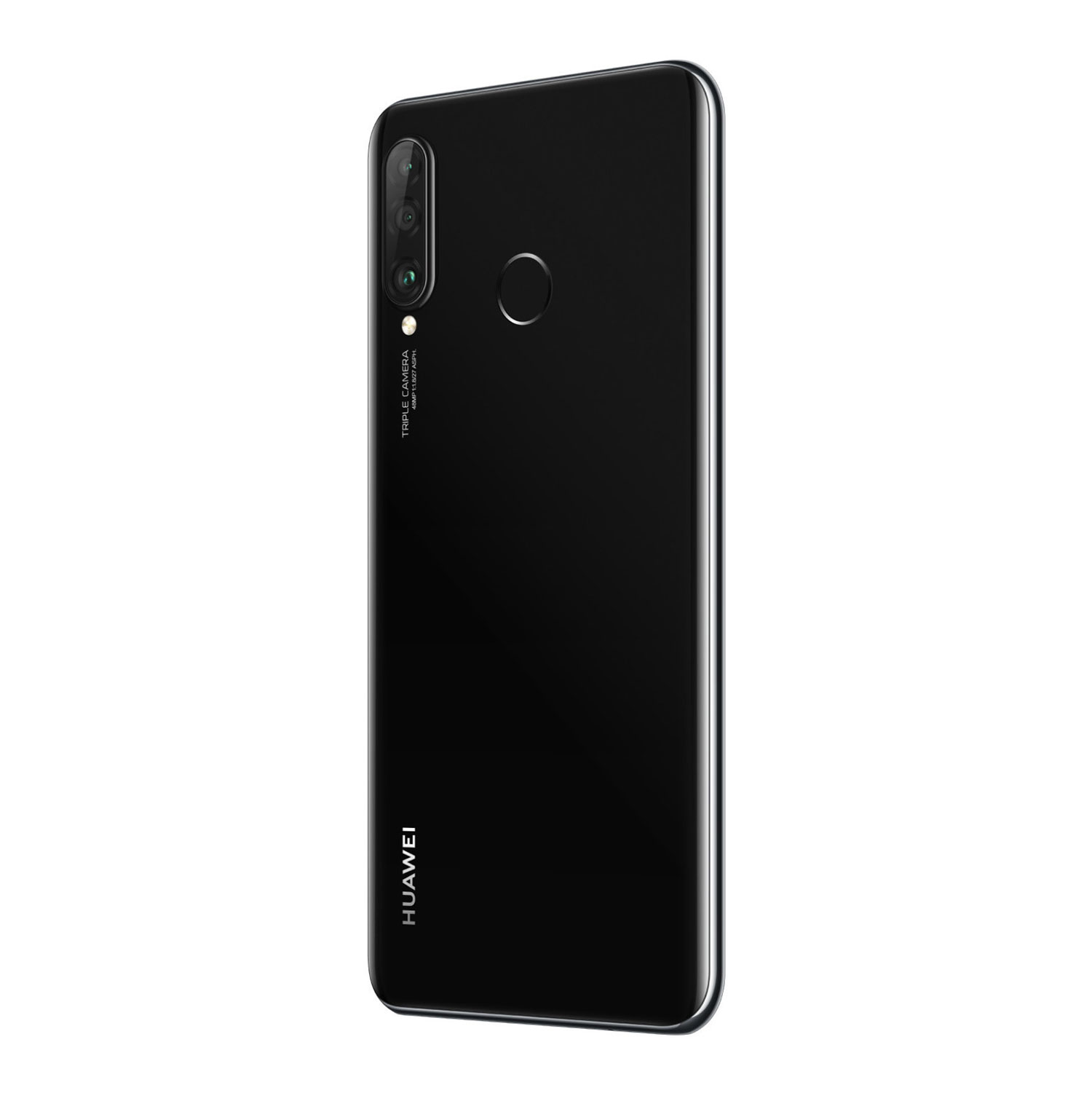 Czarny tył telefonu z potrójnym aparatem. Logo Huawei na dole.