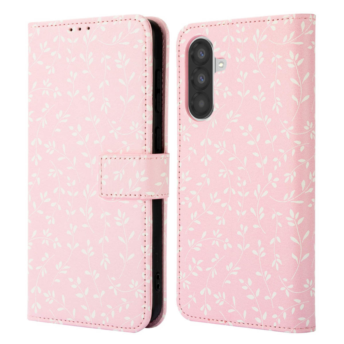 Roze telefoonhoesje met wit bladerpatroon, open en gesloten.