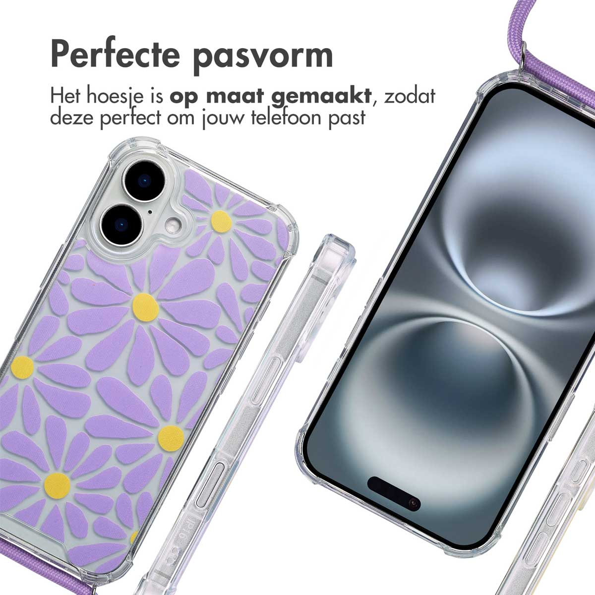 Transparant telefoonhoesje met paars bloemdesign; telefoon met koord.